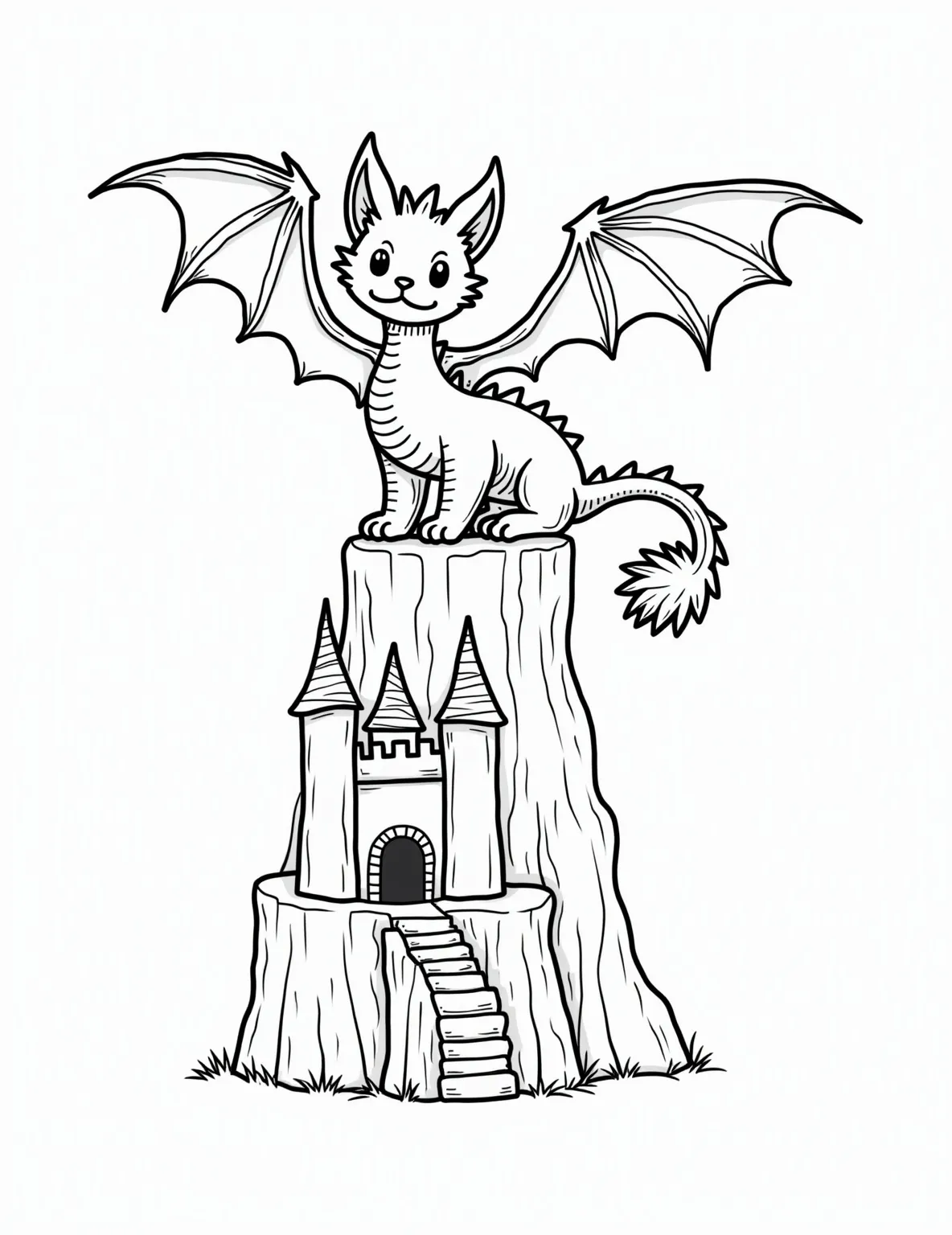 Mythical Cat-Dragon Hybrid Coloring Page -- prompt: "black lines only Playful cat-dragon hybrid with bold outlines, perched on jagged cliff. Large wings, scaly body, fluffy tail. Castle below with turrets and drawbridge. Simple shapes, thick lines. Whimsical scene perfect for coloring. Empty spaces for creative freedom. Fun, imaginative design for all ages. flat black lines, premium coloring page, coloring sheet, line drawing, Coloring Book, NO COLOR, NO SHADING, WHITE BACKGROUND. NO GRAY, BLACK AND WHITE, NO COLOR" -- Unleash your imagination with this fantastical fusion of a cat and a dragon. With scales, wings, and a feline face, this majestic creature combines the grace of a cat with the power of a dragon. This page is perfect for fantasy enthusiasts and those who enjoy coloring mythical beasts.