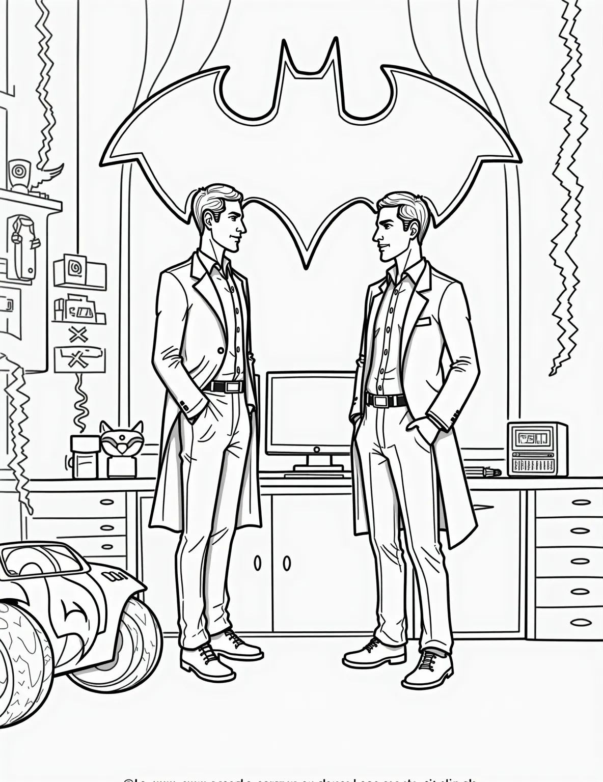 Batman and Alfred in the Batcave Coloring Page -- prompt: "black lines only Bruce Wayne, unmasked, converses with Alfred in the Batcave. Thick outlines define gadgets, computers, and the Batmobile. Simplistic shapes and bold patterns create a playful atmosphere. Empty spaces await vibrant colors. Batman's iconic logo adorns the background, ready for creative coloring. flat black lines, premium coloring page, coloring sheet, line drawing, Coloring Book, NO COLOR, NO SHADING, WHITE BACKGROUND. NO GRAY, BLACK AND WHITE, NO COLOR" -- Peek into a quieter moment in Batman's life with this Batcave scene featuring Bruce Wayne and his loyal butler, Alfred. The two are shown in conversation, surrounded by the cave's high-tech equipment. This page offers a unique look at Batman's support system and is great for those who enjoy coloring character interactions.