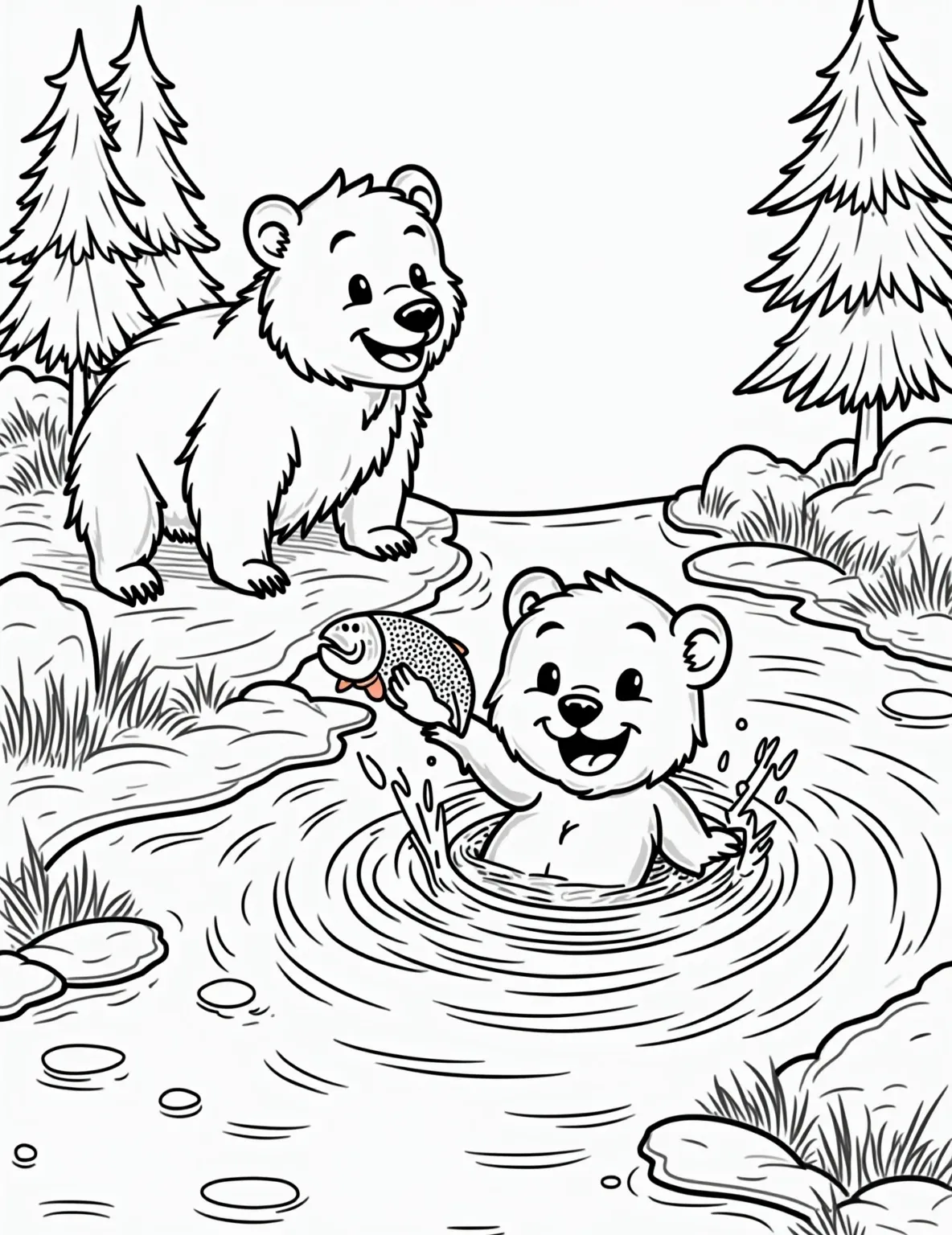 Bear Cub's First Fish -- prompt: "black lines only Playful line art of bear cub splashing in swirling stream, paw reaching for leaping fish. Mother bear watches proudly nearby. Simple, bold outlines perfect for coloring. Rocks, trees frame scene. Bubbles and water droplets add fun details to color. flat black lines, premium coloring page, coloring sheet, line drawing, Coloring Book, NO COLOR, NO SHADING, WHITE BACKGROUND. NO GRAY, BLACK AND WHITE, NO COLOR" -- Witness a milestone moment in this heartwarming coloring page. A young bear cub stands in a shallow stream, proudly holding its first caught fish while its mother watches nearby. This scene celebrates the joy of learning and growing, perfect for discussions about nature and animal behavior.