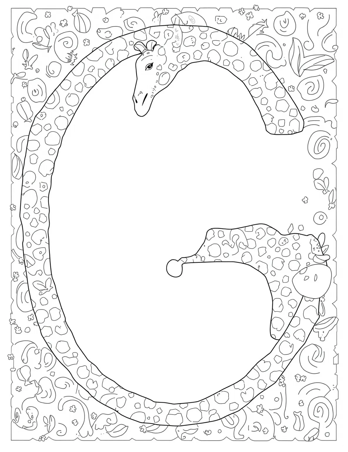 Graceful Giraffe's Geometric Jungle -- prompt: "black lines only Playful giraffe contorts its spotted neck into a G-shape, outlined boldly for easy coloring. Surrounding it, simplified geometric leaves and African-inspired patterns create a lively backdrop. Thick lines define each element, inviting colorful creativity. Empty spaces beckon vibrant hues, promising hours of artistic fun. flat black lines, premium coloring page, coloring sheet, line drawing, Coloring Book, NO COLOR, NO SHADING, WHITE BACKGROUND. NO GRAY, BLACK AND WHITE, NO COLOR" -- Reach new heights with this gorgeous 'G' coloring page! A graceful giraffe stretches its long neck to form the letter G, surrounded by geometric leaves and patterns. This page combines letter learning with an introduction to shapes and patterns.
