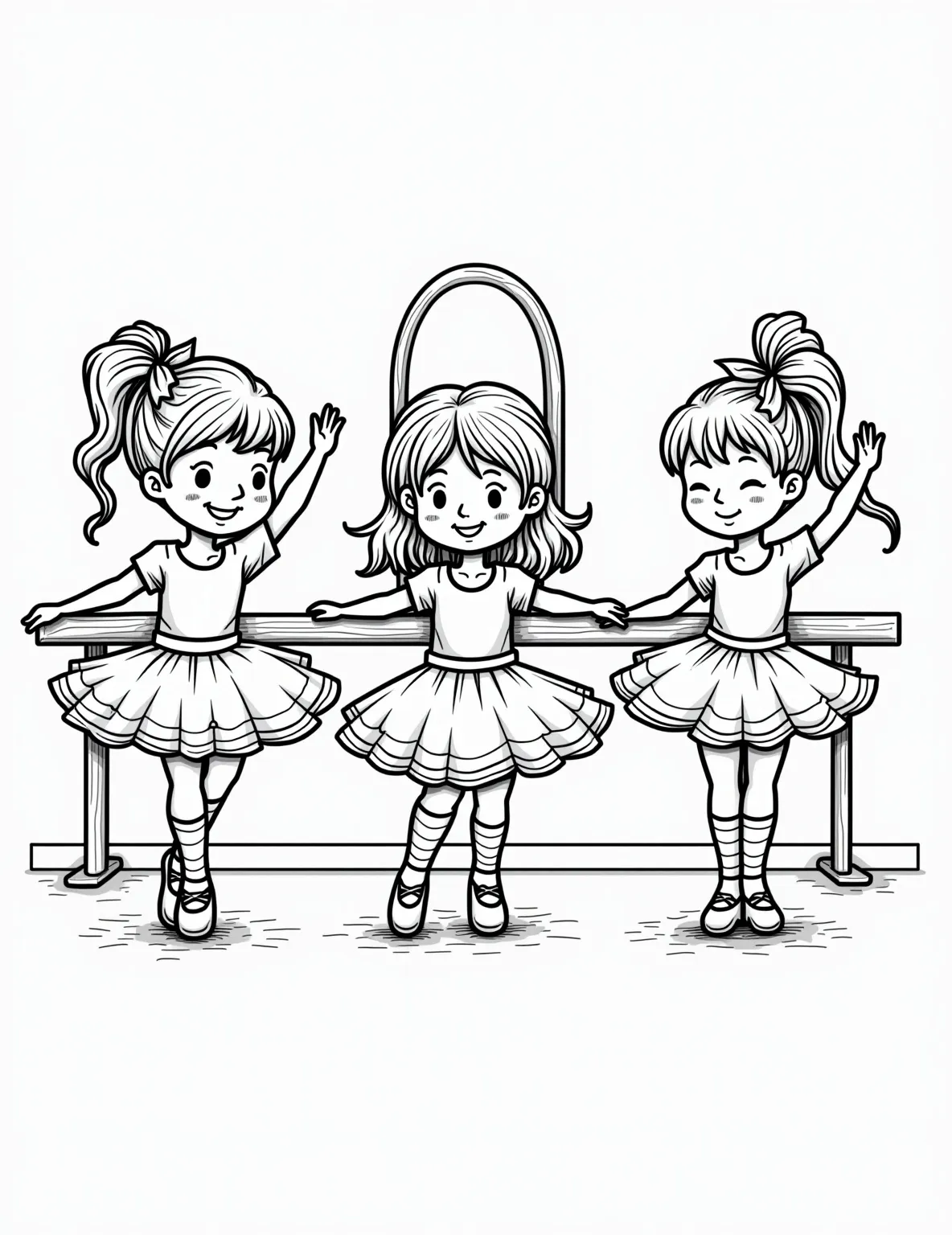 Little Ballerina's First Dance Class Coloring Page -- prompt: "black lines only Adorable ballerinas at their first dance class, practicing at the barre. Bold outlines define graceful poses, tutus, and ballet slippers. Simplified shapes of mirrors, windows, and dance studio elements. Blank spaces await colorful crayons. Joyful expressions and playful details flat black lines, premium coloring page, coloring sheet, line drawing, Coloring Book, NO COLOR, NO SHADING, WHITE BACKGROUND. NO GRAY, BLACK AND WHITE, NO COLOR" -- Adorable and heartwarming, this coloring page shows a young ballerina attending her very first dance class. She stands at the barre, practicing her plié with a mixture of concentration and excitement on her face. Other little dancers can be seen in the background, creating a lively classroom atmosphere.