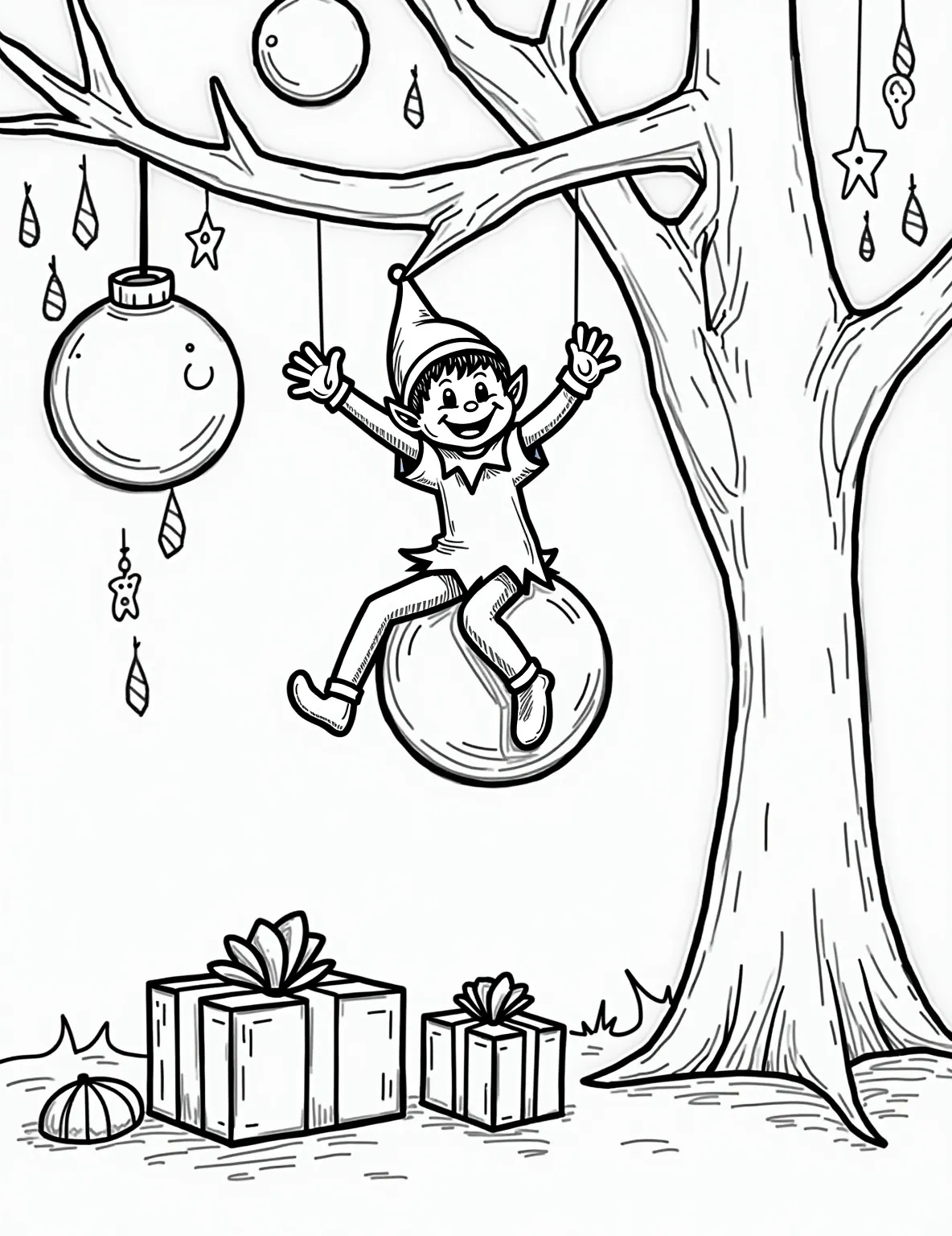 Elf's Christmas Tree Acrobatics -- prompt: "black lines only Playful Elf on the Shelf swings from oversized baubles in a Christmas tree. Presents with bold outlines sprawl below. Simple, thick-lined drawings perfect for coloring. Star-topped tree, candy canes, and stockings add festive charm. Joyful scene captures holiday magic in flat black lines, premium coloring page, coloring sheet, line drawing, Coloring Book, NO COLOR, NO SHADING, WHITE BACKGROUND. NO GRAY, BLACK AND WHITE, NO COLOR" -- Watch as our nimble Elf on the Shelf performs daring acrobatics on the Christmas tree! This coloring page showcases the elf swinging from ornament to ornament with a mischievous grin. The fully decorated tree and scattered presents below create a delightful holiday scene.