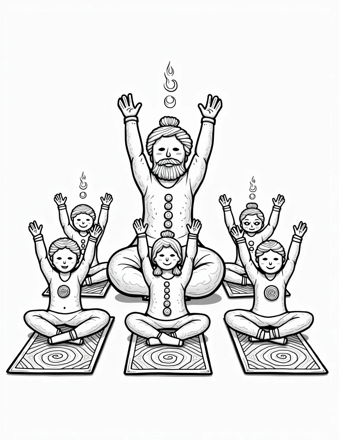 Gingerbread Yoga Class Coloring Page -- prompt: "black lines only Gingerbread yogis stretch on candy cane mats, their icing outlines bold and crisp. A smiling ginger-guru leads the class, arms raised. Gumdrop chakras dot their bodies. Swirling frosting patterns fill negative spaces, creating a sweet, zen-inspired coloring page for all ages. flat black lines, premium coloring page, coloring sheet, line drawing, Coloring Book, NO COLOR, NO SHADING, WHITE BACKGROUND. NO GRAY, BLACK AND WHITE, NO COLOR" -- This serene coloring page showcases a group of gingerbread people participating in a yoga class. Each figure is demonstrating a different yoga pose, from simple stretches to more challenging asanas. It's a delightful way to introduce children to the concept of mindfulness and physical activity, all through the charming lens of gingerbread characters.