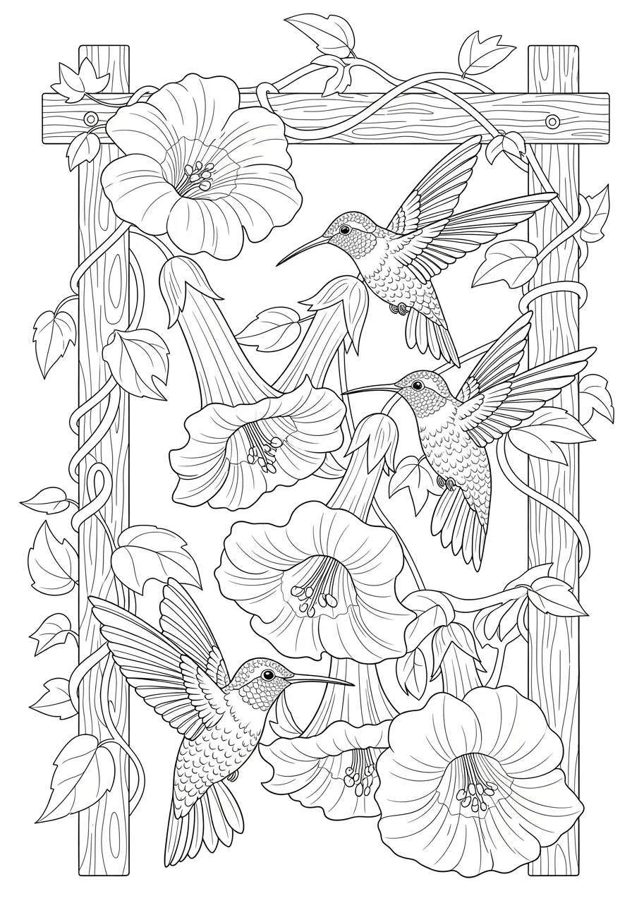Detailed Hummingbird Garden Paradise Coloring Page -- prompt: "black lines only Three cheerful hummingbirds with spread wings hover around oversized trumpet flowers, thick climbing vines weaving through garden trellises, bold black outlines, simple shapes, large petals and leaves perfect for coloring, joyful botanical scene flat black lines, premium coloring page, coloring sheet, line drawing, Coloring Book, NO COLOR, NO SHADING, WHITE BACKGROUND. NO GRAY, BLACK AND WHITE, NO COLOR" -- This intricate adult coloring page features multiple hummingbirds feeding from elaborate trumpet flowers and hanging vines. The birds' delicate feathers and rapid wing movements are captured in fine detail, while the surrounding botanical elements create a lush garden scene. Bird lovers and garden enthusiasts will find this page both challenging and rewarding.