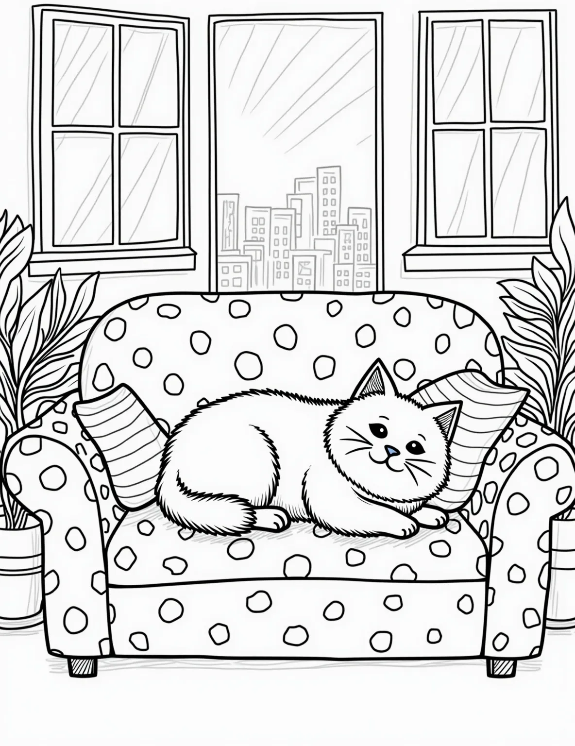 Lazy Sunday Cat Coloring Page -- prompt: "black lines only Playful outline of a fluffy cat lounging on a patterned couch, tail curled. Large, empty window frame with sun rays. Simple shapes for cushions, plants. Bold lines perfect for coloring. Whiskers, paws, and fur tufts await vibrant hues. Cheerful scene invites creativity. flat black lines, premium coloring page, coloring sheet, line drawing, Coloring Book, NO COLOR, NO SHADING, WHITE BACKGROUND. NO GRAY, BLACK AND WHITE, NO COLOR" -- Capture the essence of feline relaxation with this scene of a cat lounging on a comfortable couch. The cat's stretched-out pose and contented expression embody the perfect lazy Sunday. This page is great for those who appreciate easy cat coloring pages that still offer some fun details.