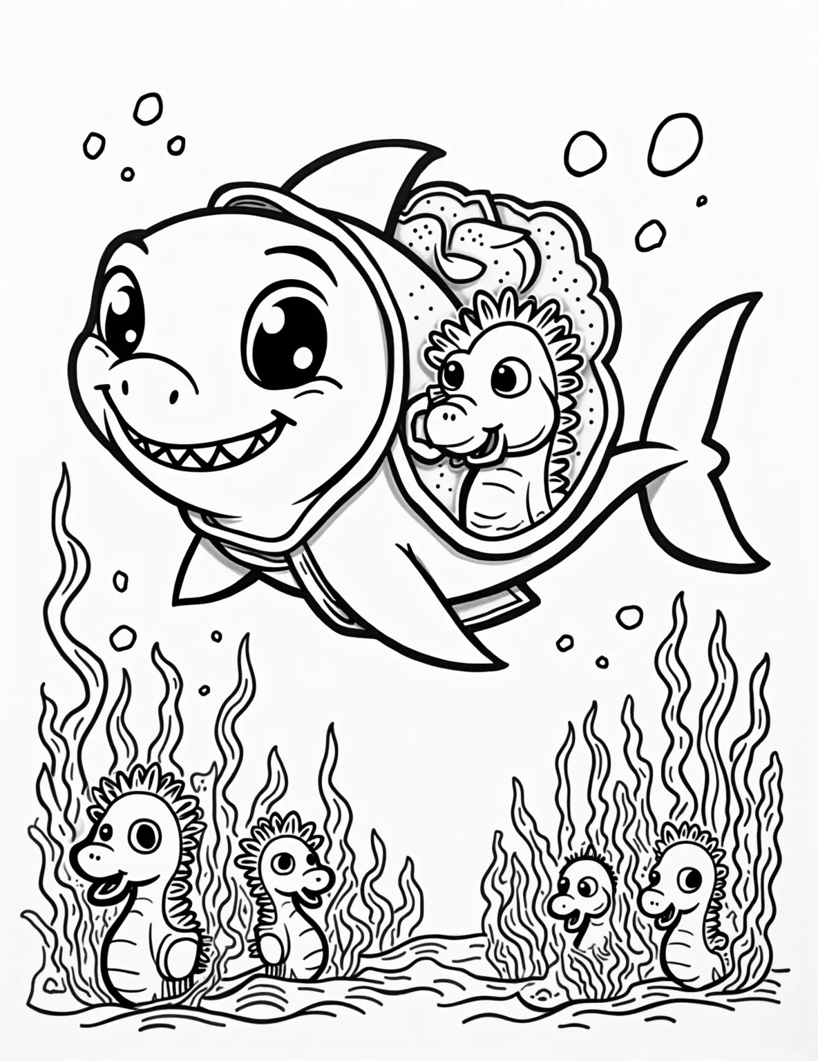 Shark Finn's School Day -- prompt: "black lines only Adorable baby shark with oversized backpack, swimming alongside cheerful seahorses and giggling jellyfish. Bold black outlines define each character, with simple shapes perfect for coloring. Seaweed and coral frame the scene, creating fun patterns to fill. Bubbles float upward, adding playful flat black lines, premium coloring page, coloring sheet, line drawing, Coloring Book, NO COLOR, NO SHADING, WHITE BACKGROUND. NO GRAY, BLACK AND WHITE, NO COLOR" -- Join Shark Finn on his first day of fish school in this cute and educational coloring page. The young shark is shown with his backpack, surrounded by other sea creatures heading to class. It's a delightful way to make learning fun for young children.