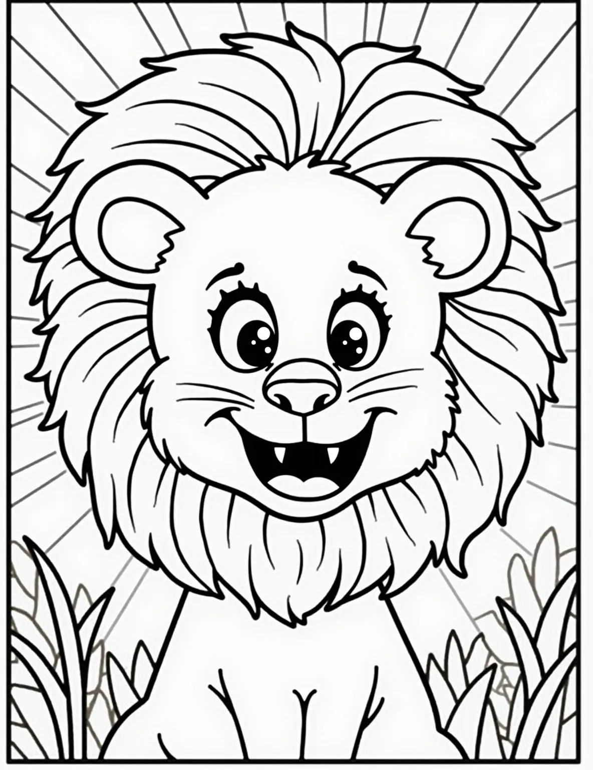 Roaring Lion Close-up -- prompt: "black lines only Playful lion's face filling coloring book page. Bold, simplified outlines of majestic mane, fierce eyes, and open roaring mouth. Large, exaggerated teeth perfect for coloring. Geometric patterns in background. Thick lines ideal for crayons or markers. Fun, child-friendly design capturing lion's power. flat black lines, premium coloring page, coloring sheet, line drawing, Coloring Book, NO COLOR, NO SHADING, WHITE BACKGROUND. NO GRAY, BLACK AND WHITE, NO COLOR" -- This dramatic close-up captures a lion mid-roar, showcasing its powerful jaws and sharp teeth. The intense expression in the lion's eyes adds to the impact of this coloring page. It's perfect for those who love adding detail to facial features.