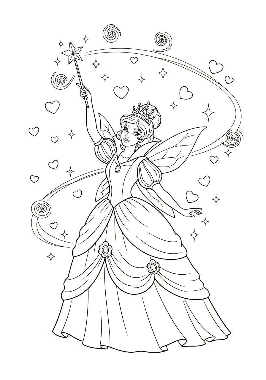 Princess Fairy Godmother Magic Coloring Page -- prompt: "black lines only Smiling fairy godmother princess with flowing gown and crown raises star-tipped wand above head, casting swirling magic spirals and floating hearts, surrounded by bold outlined sparkles, perfect for fun coloring book style page flat black lines, premium coloring page, coloring sheet, line drawing, Coloring Book, NO COLOR, NO SHADING, WHITE BACKGROUND. NO GRAY, BLACK AND WHITE, NO COLOR" -- Witness pure magic as this fairy godmother princess waves her wand to create swirling spells and transformations around her. Magical sparkles, stars, and flowing ribbons of light surround her flowing robes and ornate wand. The mystical elements and spell effects provide endless opportunities for shimmering, glittery color choices that bring the magic to life.