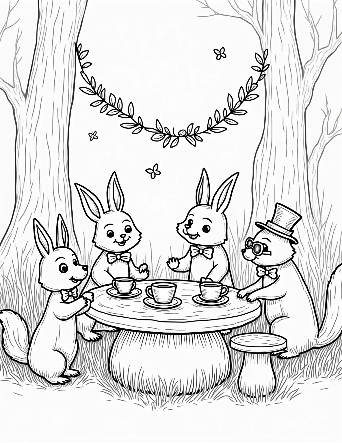 Mushroom Tea Party -- prompt: "black lines only Enchanted woodland tea party coloring page. Cheerful rabbits, foxes, and squirrels gather around oversized mushroom table. Acorn teacups, leaf-patterned tablecloth, and flower garlands adorn the scene. Fireflies illuminate the forest backdrop. Bold outlines and simple shapes perfect for coloring. flat black lines, premium coloring page, coloring sheet, line drawing, Coloring Book, NO COLOR, NO SHADING, WHITE BACKGROUND. NO GRAY, BLACK AND WHITE, NO COLOR" -- Join the woodland creatures for a delightful mushroom tea party! This charming coloring page features animals like rabbits, mice, and squirrels seated around a table made from a large flat mushroom cap. Teacups and treats balance on smaller toadstools nearby.