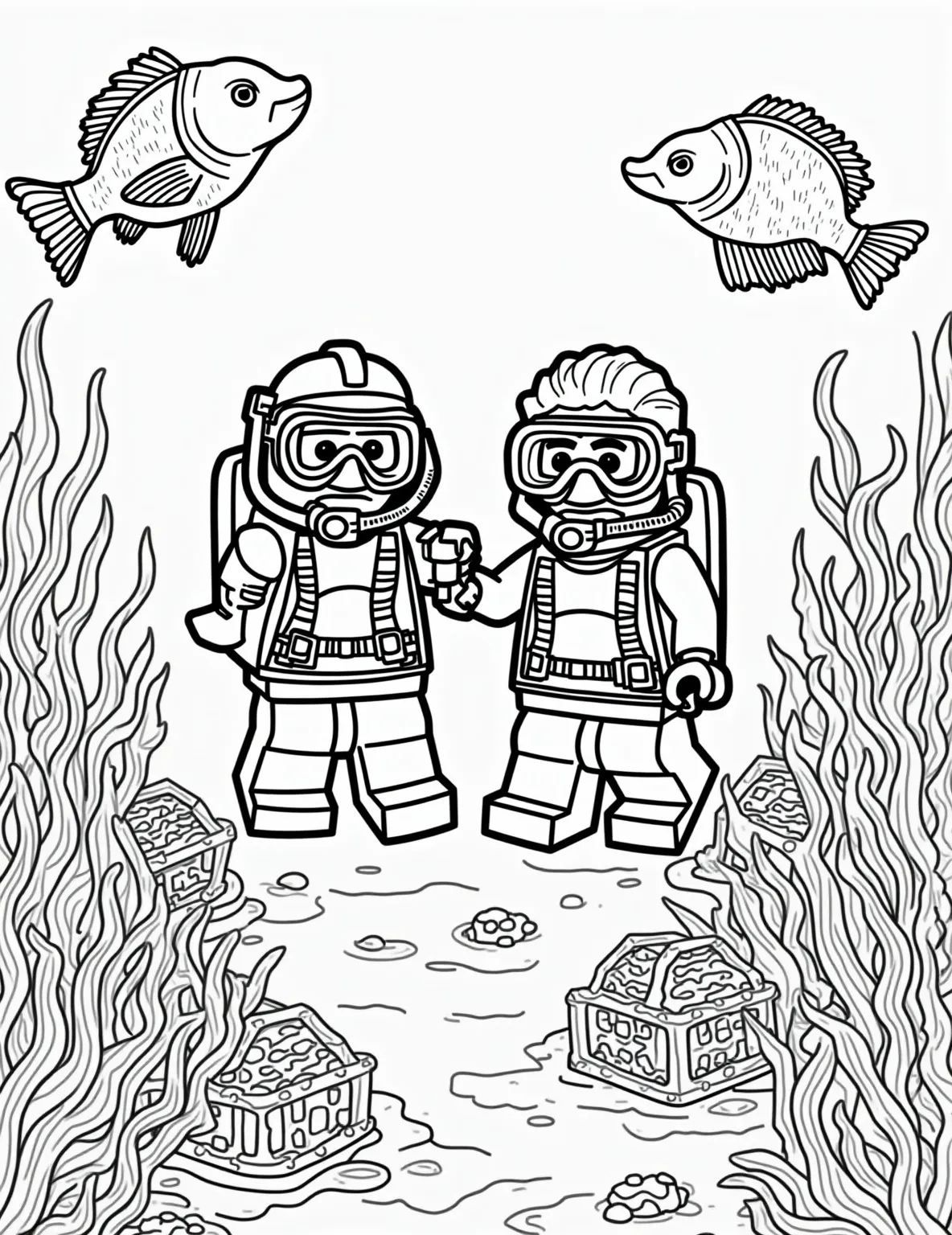 Lego Underwater Treasure Hunt Coloring Page -- prompt: "black lines only Cheerful Lego divers with exaggerated expressions explore a vibrant coral reef. Thick, bold outlines define colorful fish, swaying seaweed, and ornate treasure chests. Playful octopus tentacles curl around rocks, inviting young artists to bring underwater adventures to life with crayons. flat black lines, premium coloring page, coloring sheet, line drawing, Coloring Book, NO COLOR, NO SHADING, WHITE BACKGROUND. NO GRAY, BLACK AND WHITE, NO COLOR" -- Dive deep into an oceanic adventure with this captivating Lego underwater treasure hunt coloring page. The image showcases Lego diver minifigures exploring a vibrant coral reef, discovering hidden treasures and encountering friendly sea creatures. This detailed scene offers a delightful coloring experience for both children and adults, allowing them to unleash their creativity in an underwater world.