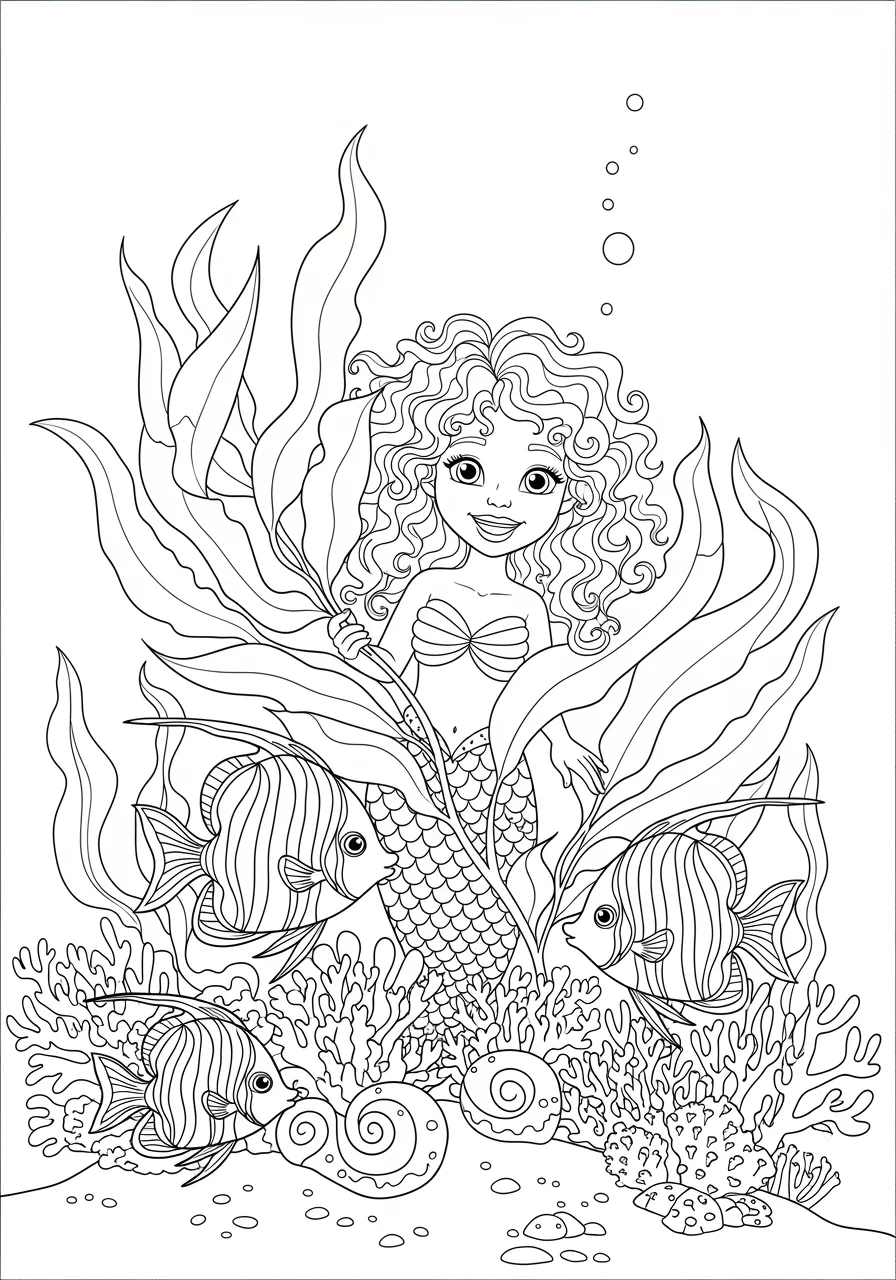 Mermaid's Kelp Forest Hideaway Coloring Page -- prompt: "black lines only A smiling mermaid with flowing hair peeks playfully behind towering kelp fronds, surrounded by cheerful tropical fish swimming in curved patterns. Bold black outlines define each element for easy coloring, creating joyful underwater adventure scenes. flat black lines, premium coloring page, coloring sheet, line drawing, Coloring Book, NO COLOR, NO SHADING, WHITE BACKGROUND. NO GRAY, BLACK AND WHITE, NO COLOR" -- Hidden among towering kelp fronds, a playful mermaid creates a secret hideaway in the underwater forest. The vertical lines of the kelp create interesting composition dynamics while small fish dart between the fronds. This page encourages exploration of different shades of green and brown.