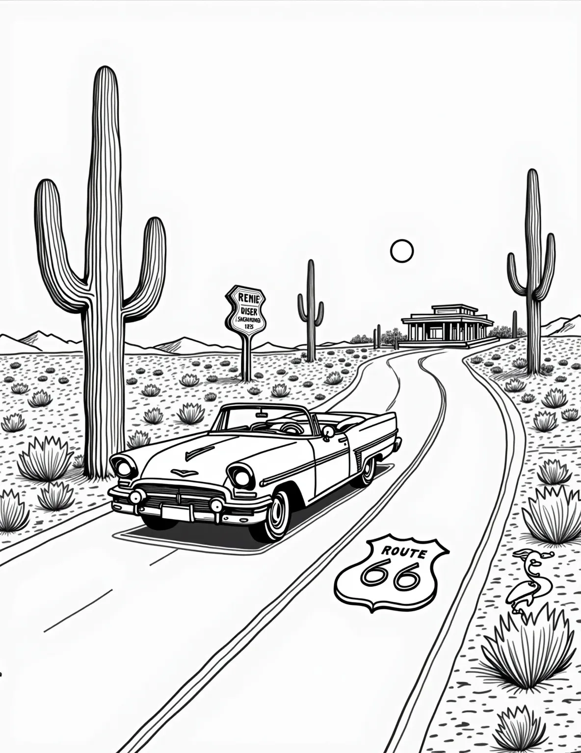 Classic Convertible Cruising Down Route 66 -- prompt: "black lines only Boldly outlined 1950s convertible cruising Route 66. Chunky desert cacti frame winding road. Oversized 'Route 66' sign with stars. Stylized sun rays. Playful roadrunner character. Empty speech bubbles. Retro diner in distance. Large, simple shapes perfect for coloring. flat black lines, premium coloring page, coloring sheet, line drawing, Coloring Book, NO COLOR, NO SHADING, WHITE BACKGROUND. NO GRAY, BLACK AND WHITE, NO COLOR" -- Imagine the wind in your hair as you color this sleek convertible cruising down the iconic Route 66. The detailed vintage car takes center stage, with hints of the historic highway's scenery in the background. This page is perfect for those who love combining history with automotive beauty.