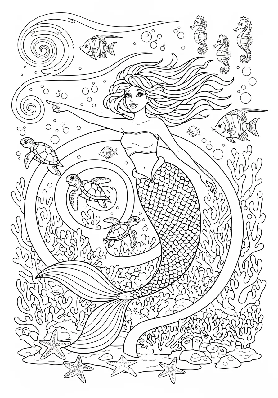 Mermaid's Baby Sea Turtle Rescue Coloring Page -- prompt: "black lines only Cheerful mermaid with flowing hair guides adorable baby sea turtles through coral reef maze, pointing toward swirling ocean currents, surrounded by smiling fish, seahorses, starfish, bold black outlines, simple shapes perfect for children's coloring book page flat black lines, premium coloring page, coloring sheet, line drawing, Coloring Book, NO COLOR, NO SHADING, WHITE BACKGROUND. NO GRAY, BLACK AND WHITE, NO COLOR" -- This heartwarming page shows a caring mermaid helping baby sea turtles find their way to the ocean current. The story of environmental protection and nurturing care resonates with children's natural empathy. Small turtle details and guiding water currents create both simple and complex coloring areas.