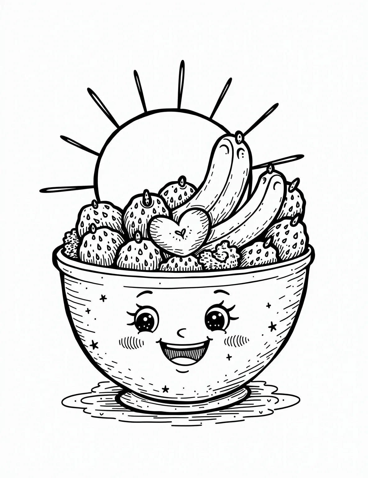 Smoothie Bowl Sensation Coloring Page -- prompt: "black lines only A vibrant smoothie bowl bursts with color on a fun, cartoon-style coloring page. Chunky outlines define swirls of acai, banana slices, and strawberry halves. Granola clusters and chia seeds form playful patterns. A cheerful sun peeks from behind a coconut slice, inviting creative coloring adventures. flat black lines, premium coloring page, coloring sheet, line drawing, Coloring Book, NO COLOR, NO SHADING, WHITE BACKGROUND. NO GRAY, BLACK AND WHITE, NO COLOR" -- Blend up some fun with our Smoothie Bowl Sensation coloring page! A large smoothie bowl takes center stage, topped with an artistic arrangement of fruits, granola, and seeds. The different textures and patterns in this health-focused page offer a satisfying and trendy coloring experience for adults.