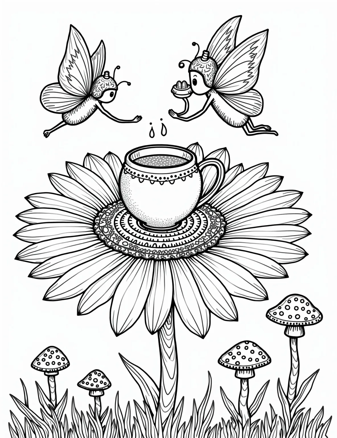 Fairy Tea Party in the Flowers Coloring Page -- prompt: "black lines only Enchanting coloring page: Tiny fairies host tea party atop giant daisy. Acorn cups brim with nectar, petal plates hold dewdrop cakes. Butterfly waiters flit about. Ladybug guests arrive on leaf boats. Intricate floral patterns frame scene. Mushroom tables, toadstool chairs. Coloring book style with bold outlines. flat black lines, premium coloring page, coloring sheet, line drawing, Coloring Book, NO COLOR, NO SHADING, WHITE BACKGROUND. NO GRAY, BLACK AND WHITE, NO COLOR" -- Join the tiniest tea party ever with this adorable fairy tea party coloring page. Cute fairy friends gather around a buttercup table, sipping from acorn cups and nibbling on petal cookies. This whimsical scene is sure to delight young colorists and spark their imagination.