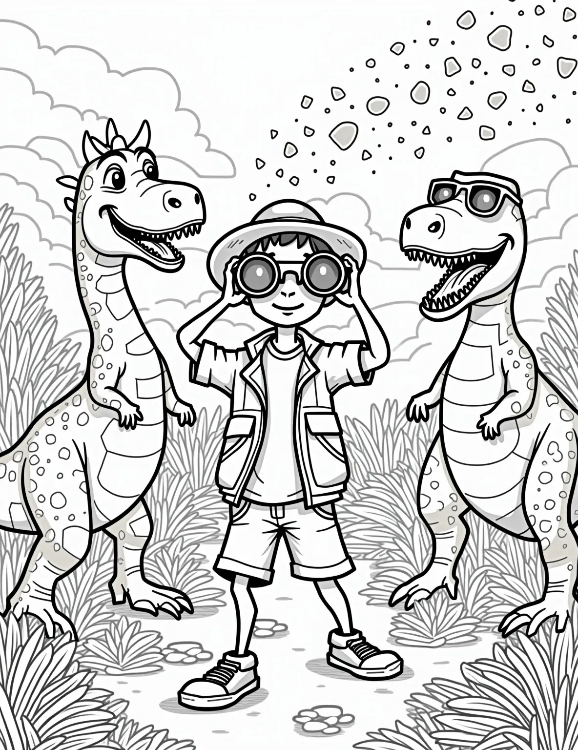 Jurassic Dinosaur Park Adventure Coloring Page -- prompt: "black lines only Playful line-art coloring page: Curious boy explorer with binoculars, surrounded by diverse dinosaurs. Towering T-Rex, long-necked Brachiosaurus, spiky Stegosaurus roam Jurassic forest. Smoking volcano looms in background. Bold outlines, simple shapes for easy coloring. Fun, educational dinosaur adventure scene. flat black lines, premium coloring page, coloring sheet, line drawing, Coloring Book, NO COLOR, NO SHADING, WHITE BACKGROUND. NO GRAY, BLACK AND WHITE, NO COLOR" -- Travel back in time with this exciting Jurassic dinosaur park adventure coloring page! It features a boy explorer encountering various dinosaurs in a lush prehistoric landscape. This page is perfect for boys who are fascinated by dinosaurs and prehistoric life.