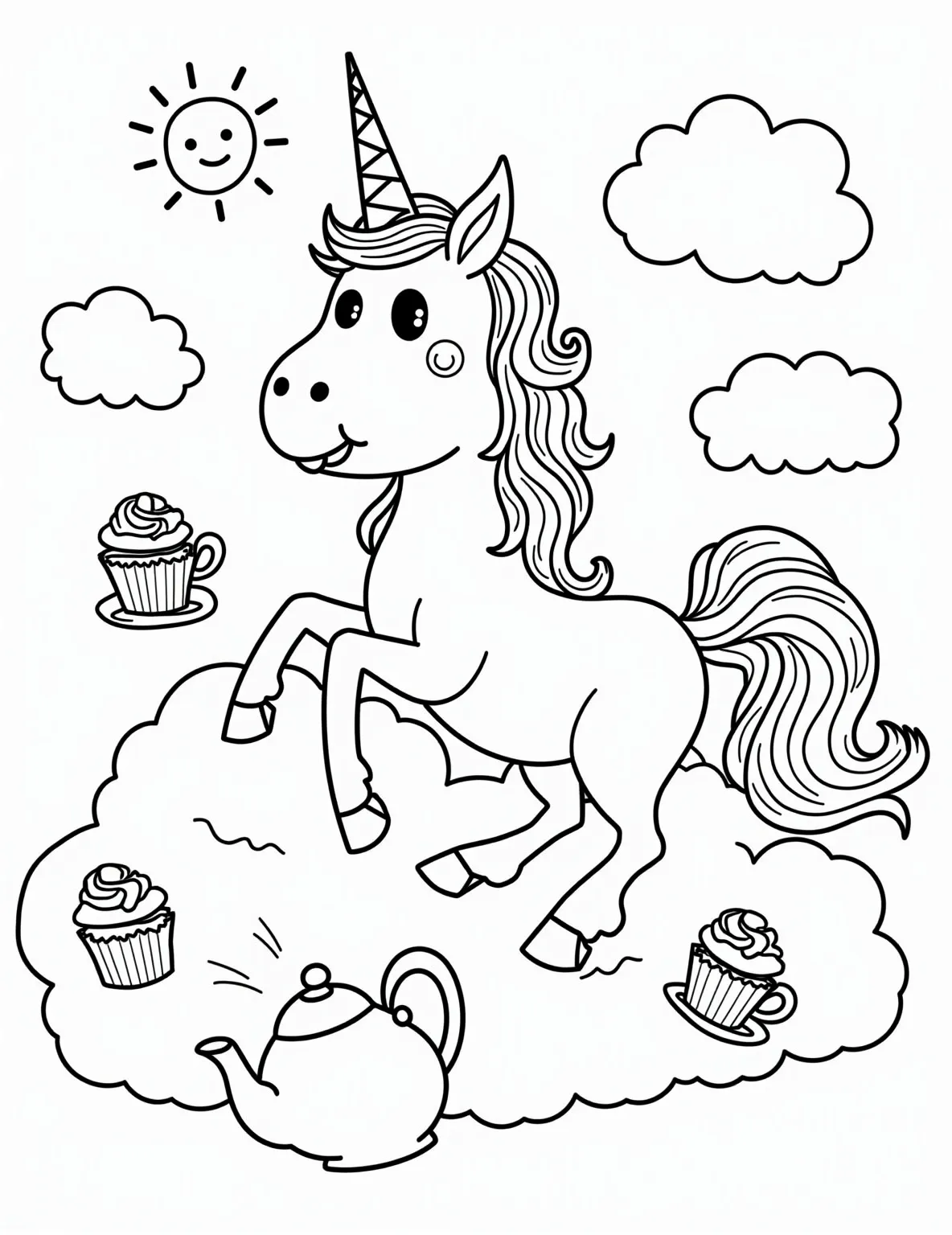 Whimsical Unicorn Tea Party Coloring Page -- prompt: "black lines only Whimsical unicorn hosts cloud-top tea party. Floating teacups, cupcakes dance in air. Swirling patterns adorn unicorn's mane, horn. Fluffy cloud outlines, simple shapes perfect for coloring. Smiling sun, rainbow backdrop. Teapot spout curves playfully. Ideal fun coloring book page. flat black lines, premium coloring page, coloring sheet, line drawing, Coloring Book, NO COLOR, NO SHADING, WHITE BACKGROUND. NO GRAY, BLACK AND WHITE, NO COLOR" -- Step into a magical world where unicorns host the most enchanting tea parties! This delightful coloring page features a cheerful unicorn surrounded by teacups, cupcakes, and fluffy clouds. Perfect for young children, this page encourages creativity while exploring the joyful theme of friendship and imagination.