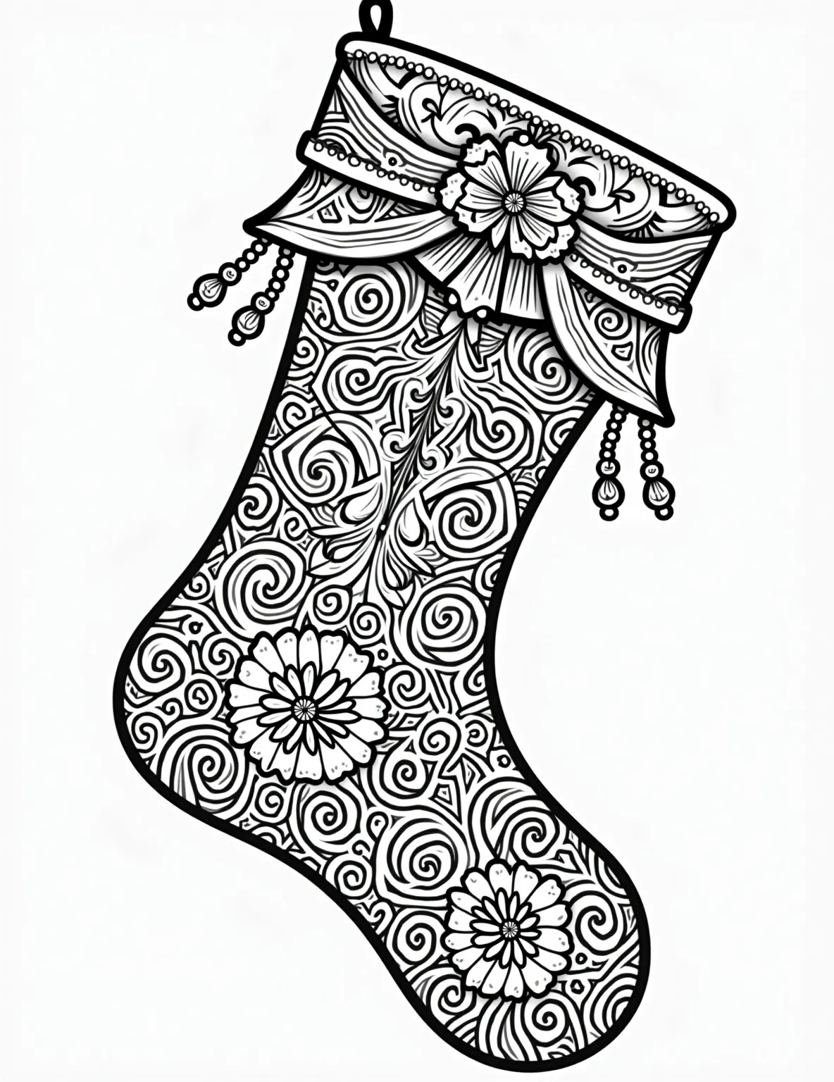 Victorian-Style Stocking Coloring Page -- prompt: "black lines only Victorian Christmas stocking outline bursting with playful patterns. Swirling lace designs, oversized bows, floral embroidery motifs, dangling tassels, and beaded trims await coloring. Bold lines define each element, creating a joyful, festive coloring page for holiday crafting fun. flat black lines, premium coloring page, coloring sheet, line drawing, Coloring Book, NO COLOR, NO SHADING, WHITE BACKGROUND. NO GRAY, BLACK AND WHITE, NO COLOR" -- This elegant coloring page showcases a Victorian-era inspired stocking. The stocking features intricate lace patterns, delicate bows, and elaborate embroidery designs. Tassels and beaded trim add a touch of vintage luxury to the stocking.