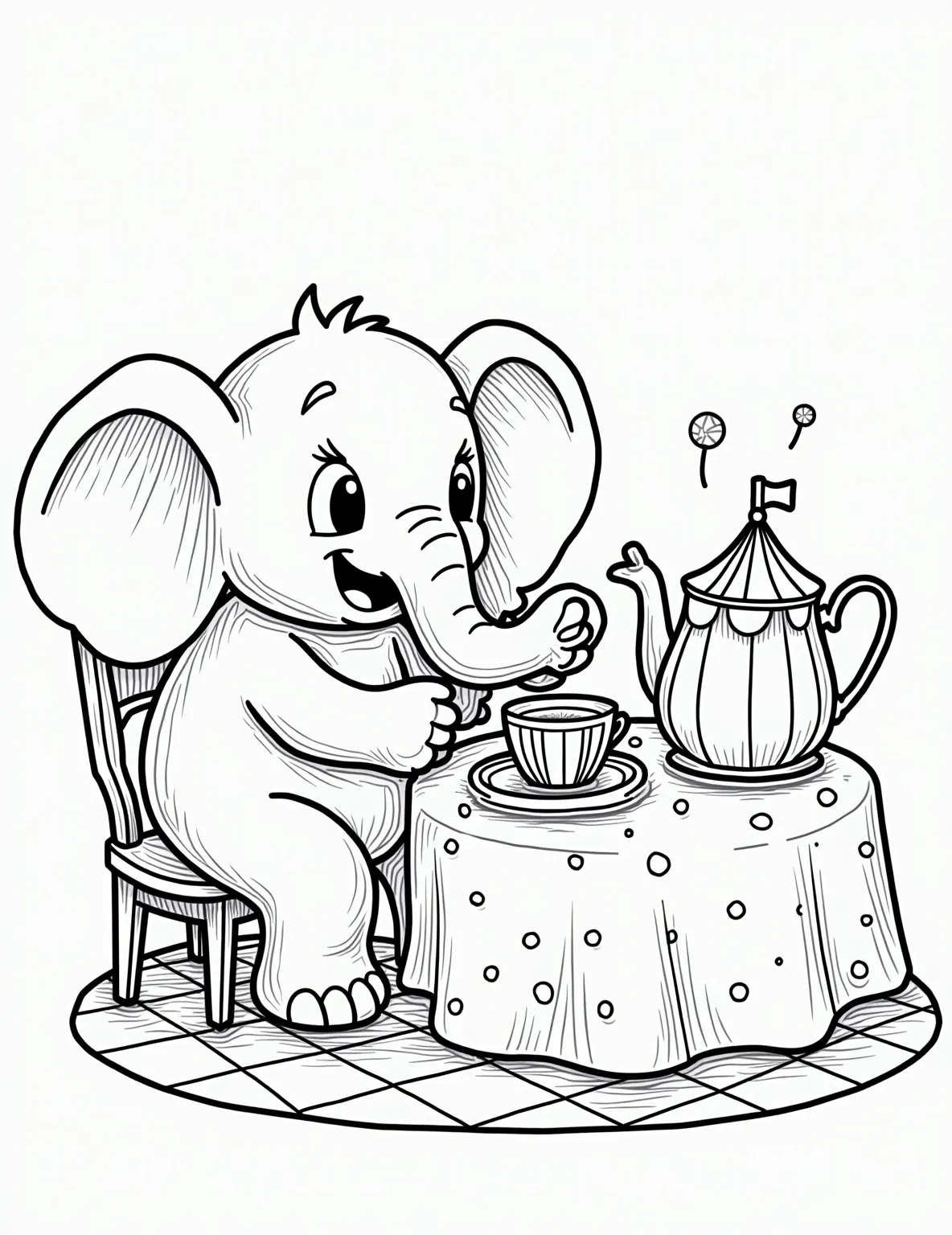 Elephant's Tea Party Coloring Page -- prompt: "black lines only Playful elephant in bold outlines, seated at table with oversized teacup. Checkered tablecloth with thick lines. Teapot, cups, and cakes in simple shapes. Large, empty spaces for coloring. Cheerful scene with exaggerated proportions. Trunk curled around teacup handle. flat black lines, premium coloring page, coloring sheet, line drawing, Coloring Book, NO COLOR, NO SHADING, WHITE BACKGROUND. NO GRAY, BLACK AND WHITE, NO COLOR" -- Delight in the whimsy of this elephant's tea party coloring page. The elephant is shown daintily holding a teacup with its trunk, surrounded by a tea set and treats. This page is perfect for those who enjoy a touch of fancy in their coloring adventures.