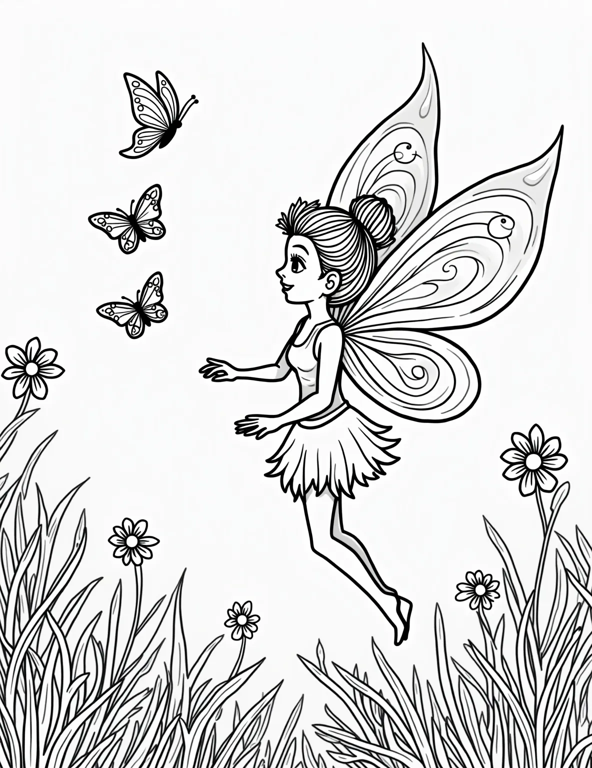 Fairy and Butterfly Ballet Coloring Page -- prompt: "black lines only Enchanting coloring page featuring delicate fairy outlines dancing with graceful butterfly shapes. Swirling flower petals frame the scene. Bold, simple lines perfect for coloring. Playful patterns adorn fairy wings and butterfly bodies. Joyful expressions on fairy faces. Magical, kid-friendly design for creative fun. flat black lines, premium coloring page, coloring sheet, line drawing, Coloring Book, NO COLOR, NO SHADING, WHITE BACKGROUND. NO GRAY, BLACK AND WHITE, NO COLOR" -- Witness the grace of nature in this beautiful fairy and butterfly ballet coloring page. Elegant fairies dance through the air alongside their butterfly partners, creating a symphony of movement and color. This page is ideal for both children and adults who appreciate the artistry of dance and the beauty of winged creatures.