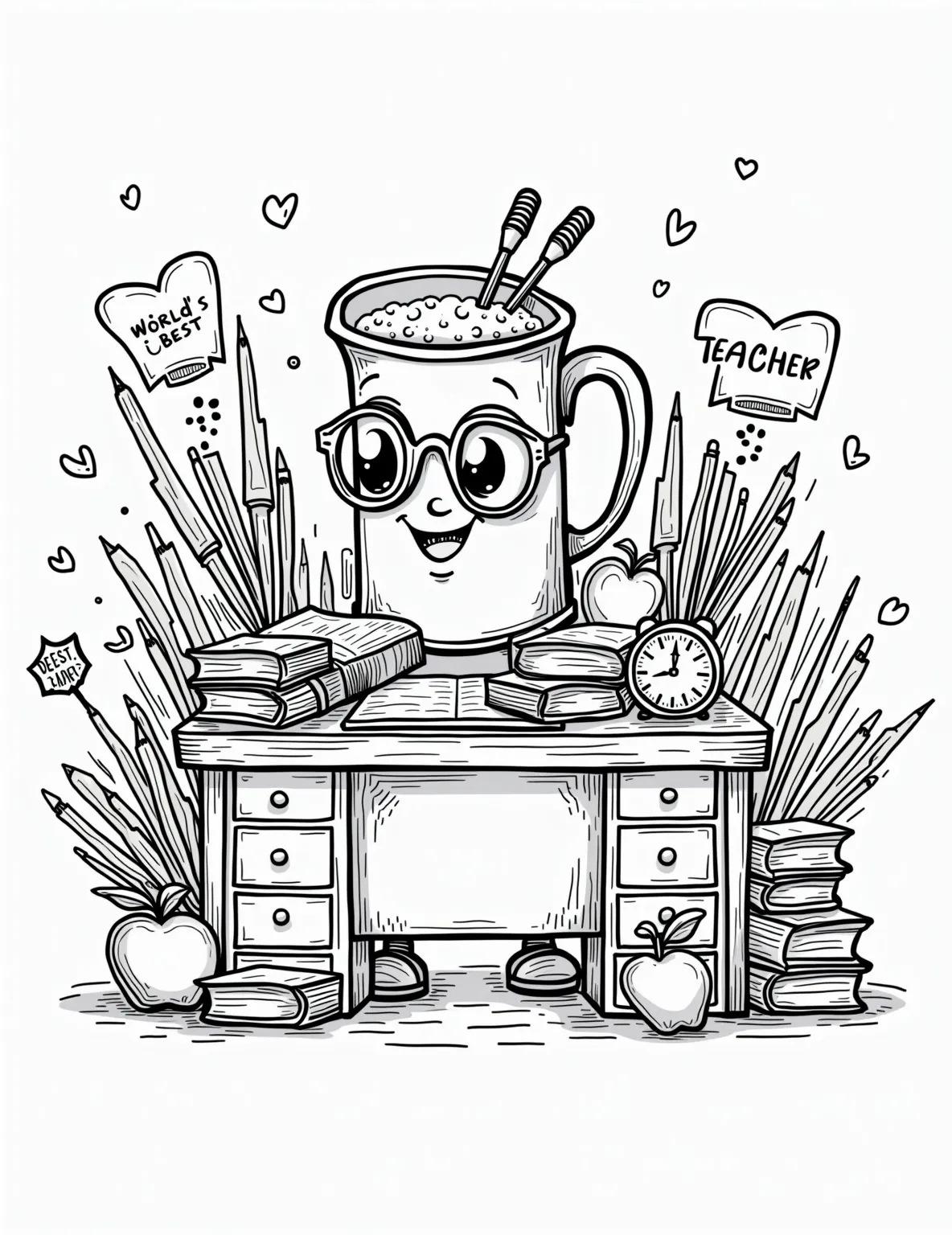 Teacher Appreciation Gift Desk -- prompt: "black lines only Playful outline of a teacher's desk bursting with oversized student gifts. Chunky 'World's Best Teacher' mug, comically large pencils, and heart-shaped cards. Cartoon apple, stacked books, and a cheerful clock. Bold lines perfect for coloring, capturing classroom joy. flat black lines, premium coloring page, coloring sheet, line drawing, Coloring Book, NO COLOR, NO SHADING, WHITE BACKGROUND. NO GRAY, BLACK AND WHITE, NO COLOR" -- Show gratitude to educators with this teacher-themed coloring page. A teacher's desk is covered with thoughtful gifts from students, including wrapped presents, handmade cards, and an apple. School supplies and a 'World's Best Teacher' mug complete the scene.