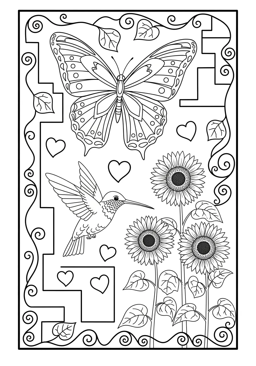 8. Butterfly and Hummingbird Garden Scene Coloring Page -- prompt: "black lines only Fun coloring book page featuring a large butterfly with patterned wings and cheerful hummingbird hovering above blooming sunflowers, surrounded by garden elements like leaves, stems, and decorative borders with thick black outlines for easy coloring flat black lines, premium coloring page, coloring sheet, line drawing, Coloring Book, NO COLOR, NO SHADING, WHITE BACKGROUND. NO GRAY, BLACK AND WHITE, NO COLOR" -- Two of nature's most graceful creatures share the spotlight in this delightful garden scene. A colorful butterfly and tiny hummingbird visit the same flowering plant, creating a magical moment in nature. The detailed flowers and foliage provide plenty of coloring opportunities.