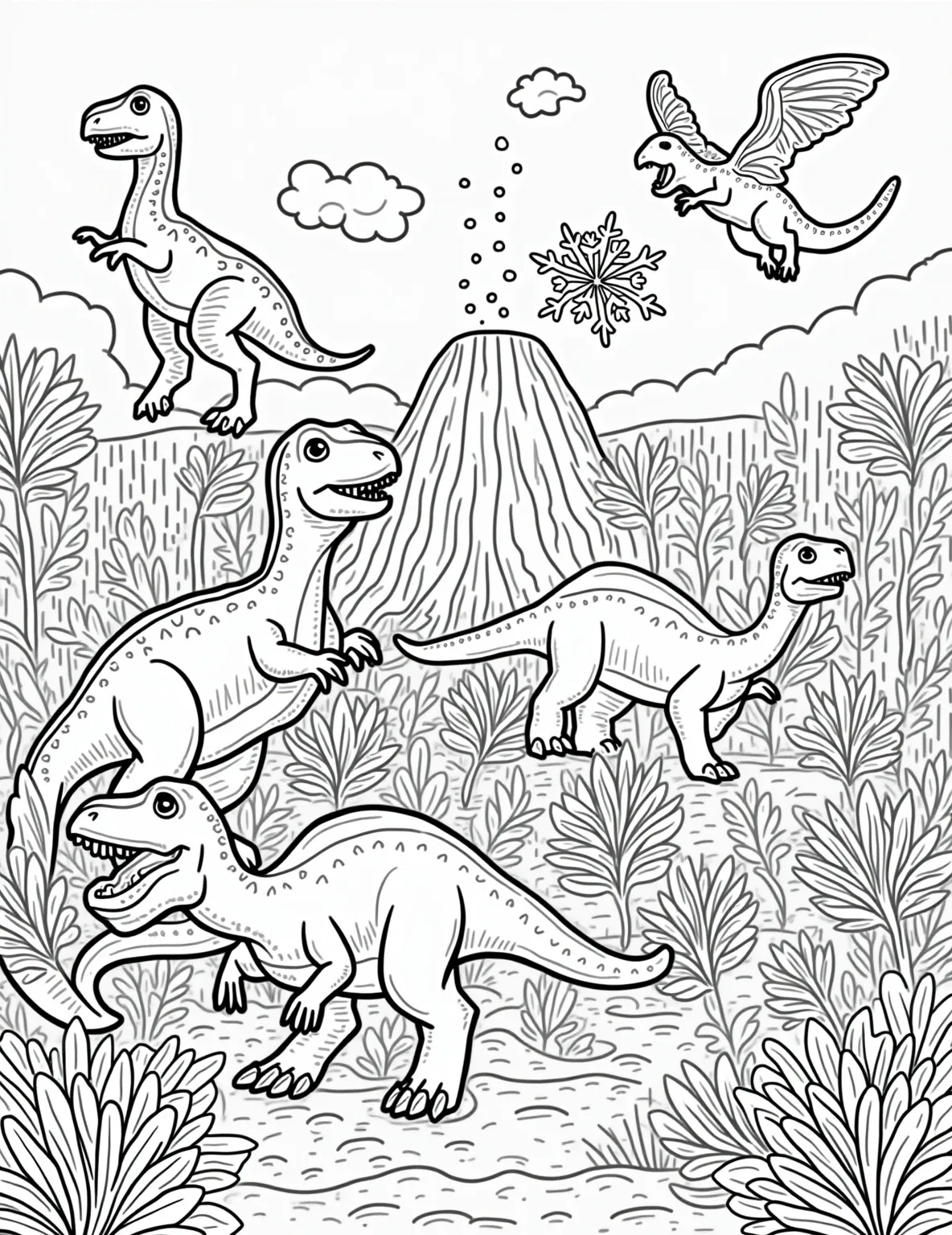 Snowflake Dinosaur Discovery -- prompt: "black lines only Playful dinosaur outlines filled with snowflake patterns grace a prehistoric coloring page. T-Rex, Stegosaurus, and Triceratops roam amidst volcanoes and ferns. Bold lines define each shape, inviting colorful creativity. Dotted textures and simple geometric backgrounds add depth to this flat black lines, premium coloring page, coloring sheet, line drawing, Coloring Book, NO COLOR, NO SHADING, WHITE BACKGROUND. NO GRAY, BLACK AND WHITE, NO COLOR" -- Journey back in time with a wintry twist in this snowflake dinosaur coloring page. Famous dinosaur silhouettes are filled with intricate snowflake patterns, creating a unique blend of prehistoric and winter themes. It's educational and imaginative!