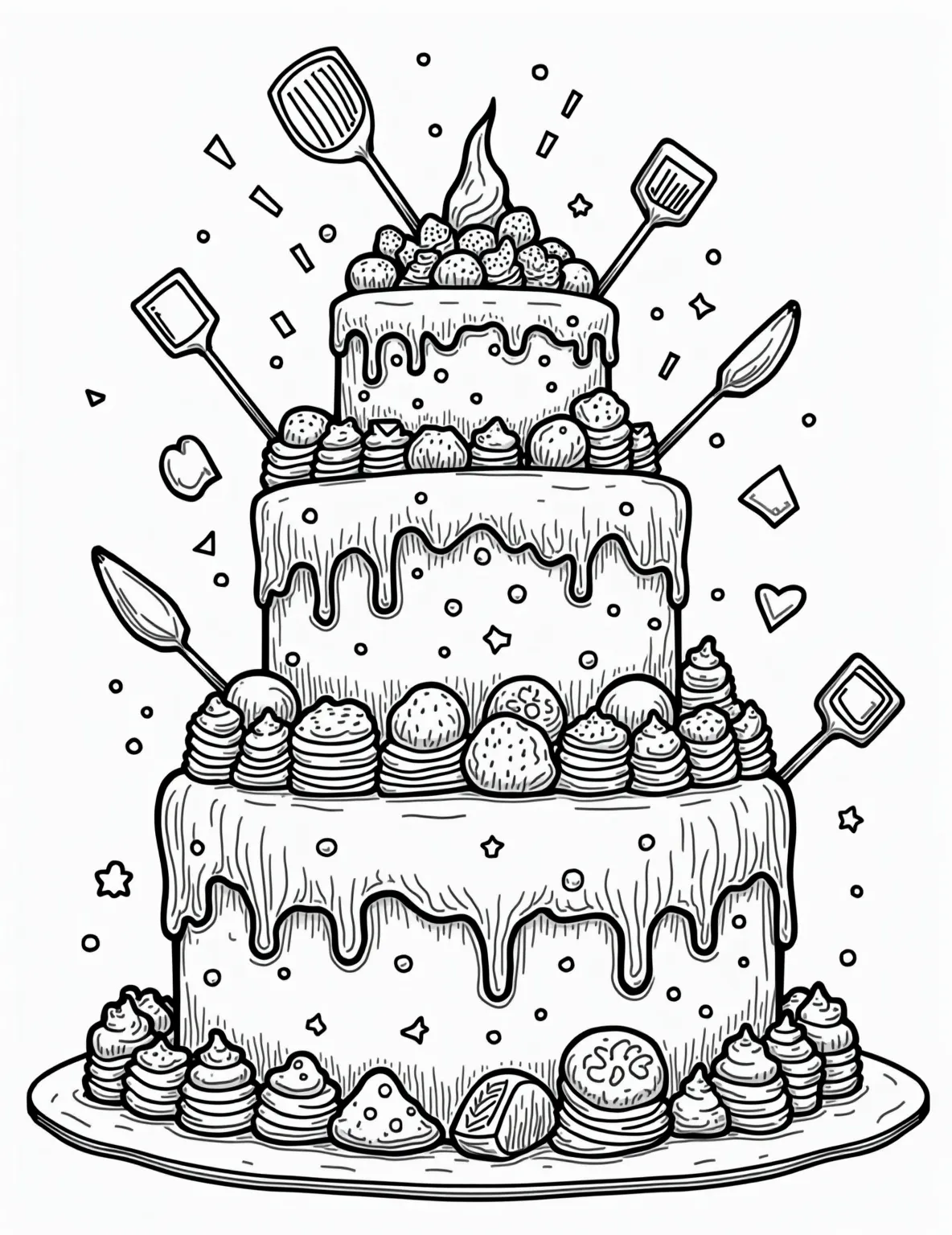 Cake Decorating Extravaganza Coloring Page -- prompt: "black lines only Giant tiered cake bursting with playful shapes and patterns. Swirling frosting rivers, candy confetti rain, and smiling fruit slices dance across layers. Oversized piping bags and spatulas frame the scene. Bold outlines define each element, inviting vibrant coloring adventures. Joyful baking wonderland awaits creative exploration. flat black lines, premium coloring page, coloring sheet, line drawing, Coloring Book, NO COLOR, NO SHADING, WHITE BACKGROUND. NO GRAY, BLACK AND WHITE, NO COLOR" -- Unleash your inner pastry chef with our Cake Decorating Extravaganza coloring page! This detailed scene features a giant cake being decorated with various tools, icings, and toppings. It's a sweet treat for those who love baking and intricate coloring.