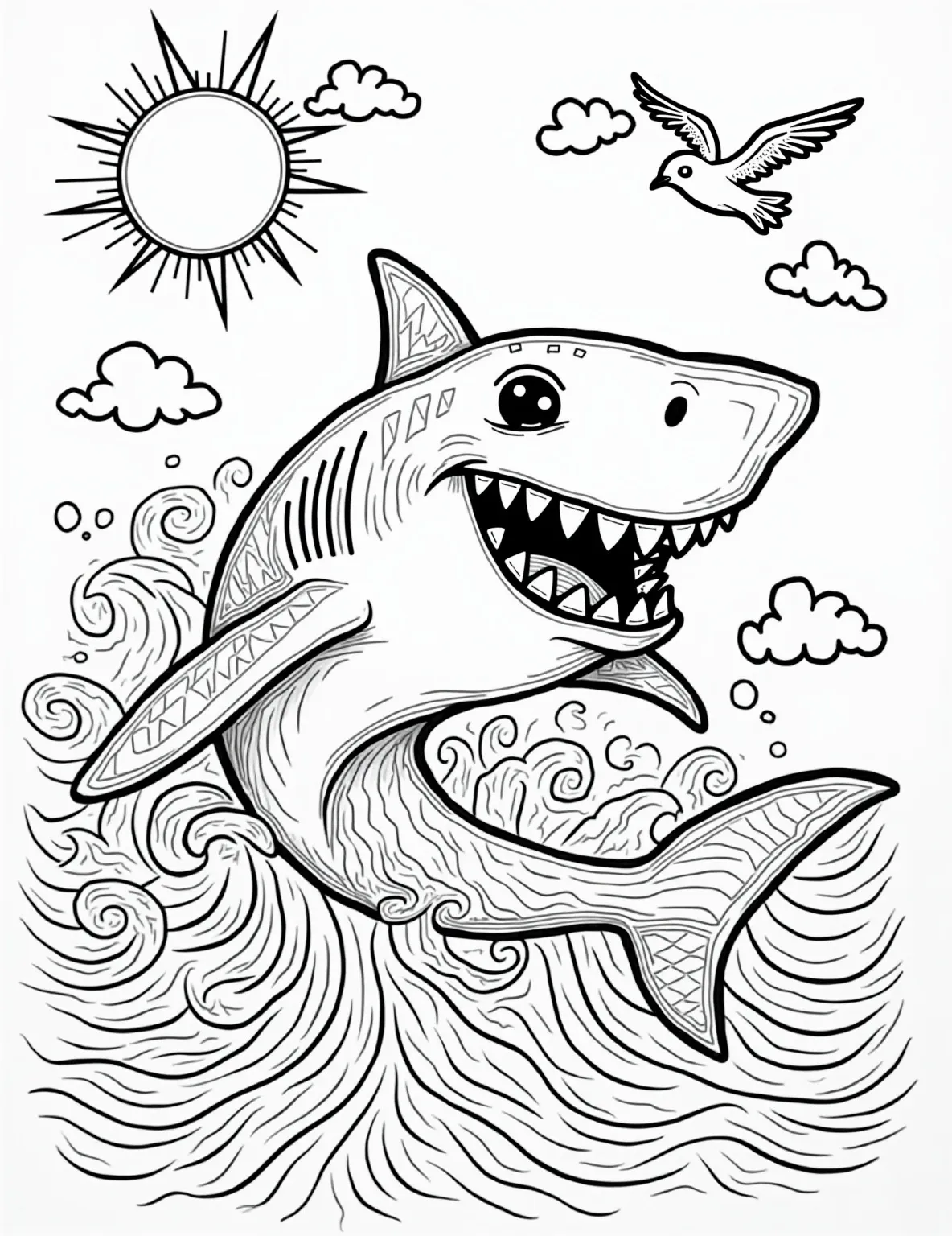 Great White Shark in Action -- prompt: "black lines only Playful coloring page featuring a cartoonish great white shark mid-leap. Exaggerated teeth, wide eyes, and comical expression. Stylized ocean waves with bold outlines. Shark's body adorned with geometric patterns. Background elements include seagulls, sun, and fluffy clouds. Thick black lines throughout for easy coloring. flat black lines, premium coloring page, coloring sheet, line drawing, Coloring Book, NO COLOR, NO SHADING, WHITE BACKGROUND. NO GRAY, BLACK AND WHITE, NO COLOR" -- Experience the thrill of the ocean's top predator with this dynamic great white shark coloring page. The powerful shark is shown mid-leap, showcasing its impressive size and strength. This page is ideal for those who admire the raw power and majesty of these incredible creatures.