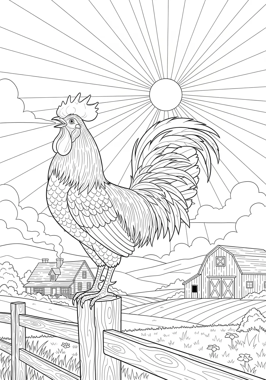 Magnificent Rooster Sunrise Farm Coloring Page -- prompt: "black lines only Fun coloring book page featuring proud rooster with flowing tail feathers crowing atop wooden fence post, golden sun rays streaming across meadow, charming farmhouse with chimney smoke, barn doors, rolling hills, simple bold outlines perfect for crayons flat black lines, premium coloring page, coloring sheet, line drawing, Coloring Book, NO COLOR, NO SHADING, WHITE BACKGROUND. NO GRAY, BLACK AND WHITE, NO COLOR" -- This proud rooster stands atop a fence post announcing the dawn with the farmhouse visible in the background. The rooster's detailed feathers and impressive tail create an engaging coloring challenge. This page is perfect for discussing farm life and the role animals play in agricultural settings.