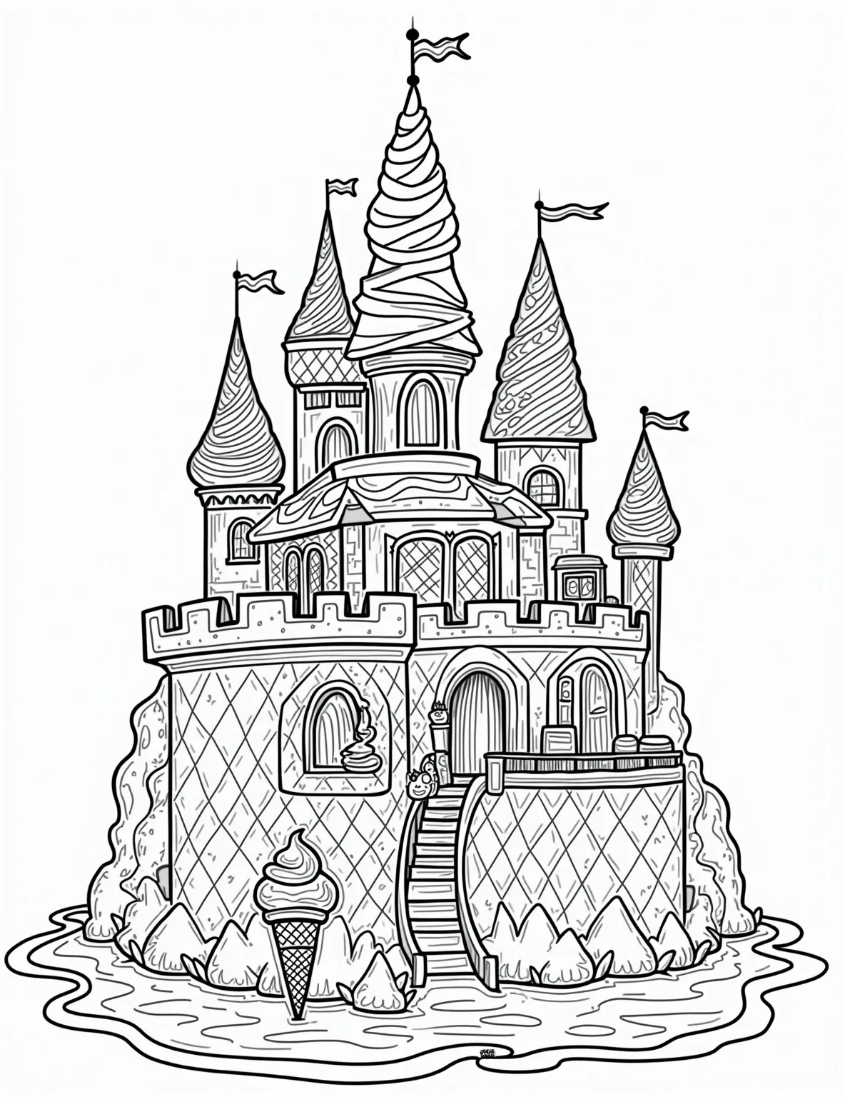 Ice Cream Castle -- prompt: "black lines only Outline a whimsical ice cream castle with swirling towers of waffle cones, drawbridge of popsicle sticks, and moat of melting sundae. Sprinkle details like candy windows, chocolate chip stonework, and ice cream scoop turrets. Add playful characters enjoying frozen treats throughout the scene. flat black lines, premium coloring page, coloring sheet, line drawing, Coloring Book, NO COLOR, NO SHADING, WHITE BACKGROUND. NO GRAY, BLACK AND WHITE, NO COLOR" -- Enter a fairy tale world with this magnificent ice cream castle coloring page. Towers of waffle cones, walls of ice cream sandwiches, and a moat of chocolate syrup create a truly magical scene. This detailed page is perfect for those who love fantasy and sweets.