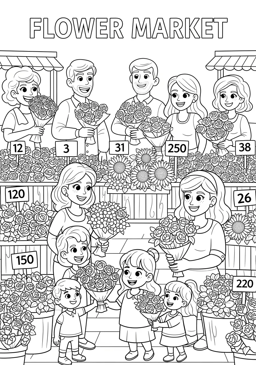 Number Flower Market Coloring Page -- prompt: "black lines only Fun coloring book style flower market scene with cheerful vendors behind stalls, smiling customers browsing colorful bouquets, bold numbered displays 1-22, simple black outlines, large open spaces for coloring, cartoon-style characters with expressive faces. flat black lines, premium coloring page, coloring sheet, line drawing, Coloring Book, NO COLOR, NO SHADING, WHITE BACKGROUND. NO GRAY, BLACK AND WHITE, NO COLOR" -- Stroll through a vibrant flower market where bouquets are priced with large numbers 1 to 22 and vendors arrange flowers in numbered displays. Customers select their favorite numbered arrangements while bees buzz between the blooms. This colorful market scene combines the beauty of flowers with practical number recognition.