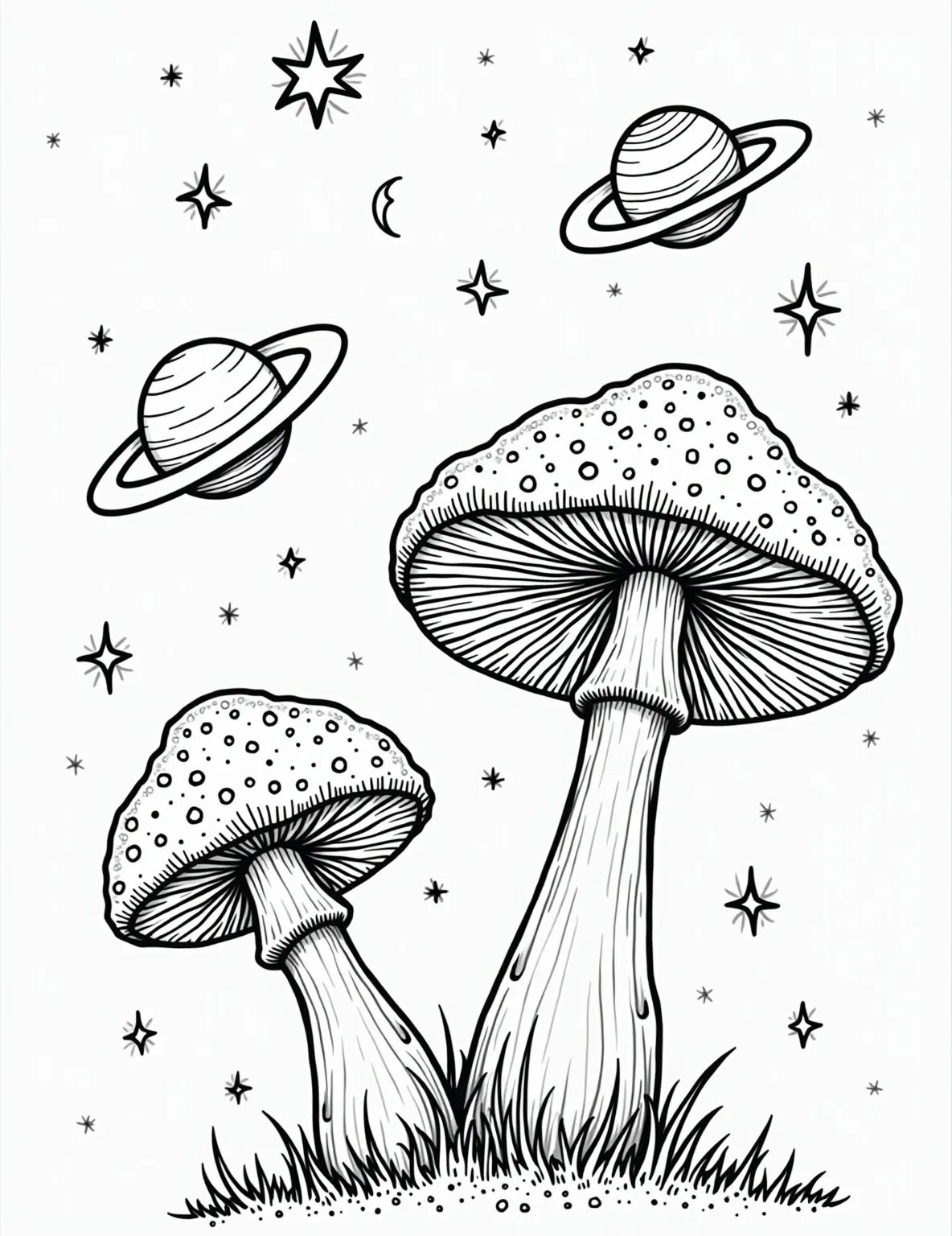 Mushroom Constellation -- prompt: "black lines only Celestial coloring page: Bold outlines frame starry night sky. Constellations form whimsical mushroom shapes—portobello, chanterelle, and morel. Planets peek through fungal formations. Crescent moon winks. Shooting star streaks across, connecting dotted lines. Empty spaces await vibrant hues. flat black lines, premium coloring page, coloring sheet, line drawing, Coloring Book, NO COLOR, NO SHADING, WHITE BACKGROUND. NO GRAY, BLACK AND WHITE, NO COLOR" -- Gaze at the stars with this celestial mushroom coloring page. Mushroom shapes form constellations against a backdrop of stars and planets. It's a magical blend of astronomy and mycology that sparks imagination about the cosmos.