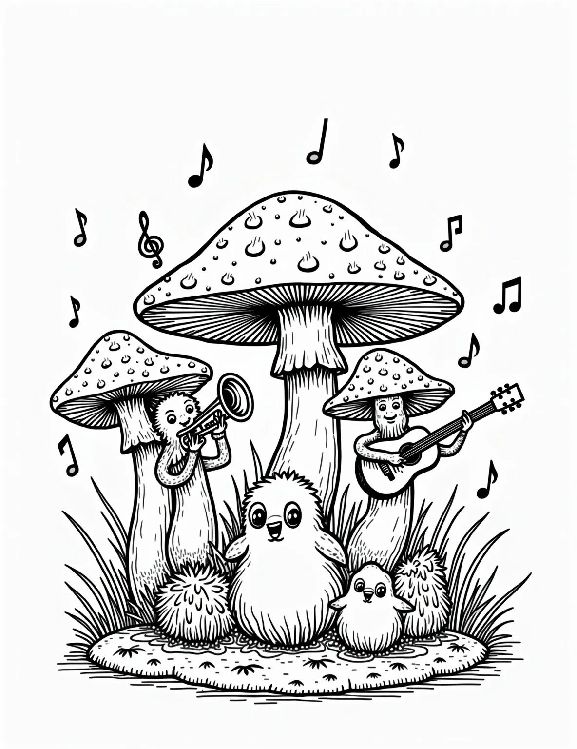 Mushroom Music Festival -- prompt: "black lines only Enchanting coloring page: Mushroom musicians on toadstool stage. Grinning trumpet-playing fly agaric, guitar-strumming chanterelle, drumming porcini. Audience of wide-eyed rabbits, foxes, and owls. Swirling treble clefs and musical notes float above. Thick, bold outlines perfect for coloring. flat black lines, premium coloring page, coloring sheet, line drawing, Coloring Book, NO COLOR, NO SHADING, WHITE BACKGROUND. NO GRAY, BLACK AND WHITE, NO COLOR" -- Get groovy with this fun mushroom music festival scene! Anthropomorphized mushrooms play various instruments on a stage made of giant toadstools. The 'audience' consists of smaller mushrooms and cheering forest creatures, creating a lively woodland concert atmosphere.