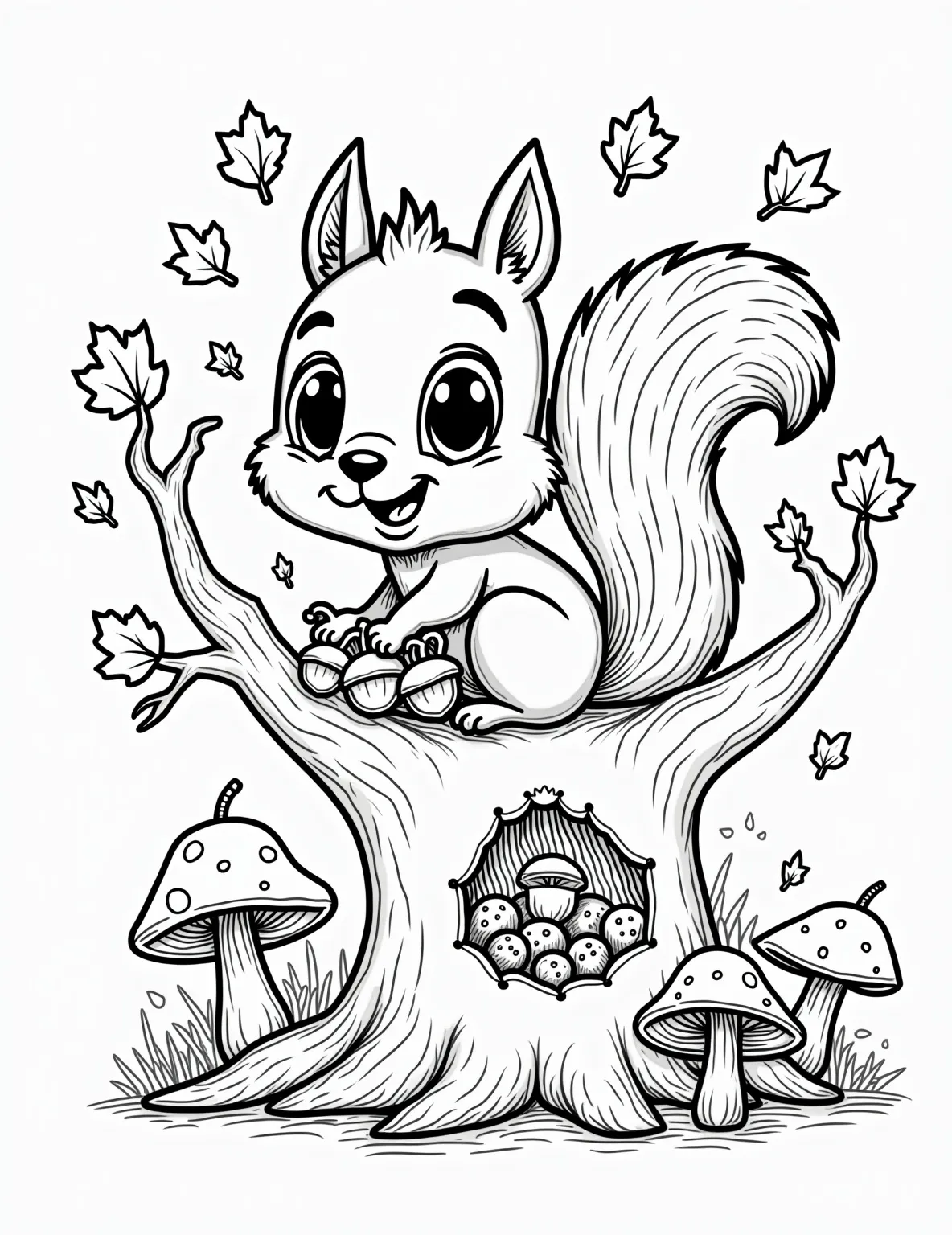 Busy Squirrel's Nutty Harvest -- prompt: "black lines only Adorable cartoon squirrel with oversized eyes and fluffy tail, gathering acorns in a whimsical hollow tree. Bold outlines perfect for coloring. Swirling fall leaves, mushrooms, and acorns scattered around. Simple yet charming scene ideal for children's coloring books. Cheerful autumn atmosphere flat black lines, premium coloring page, coloring sheet, line drawing, Coloring Book, NO COLOR, NO SHADING, WHITE BACKGROUND. NO GRAY, BLACK AND WHITE, NO COLOR" -- Celebrate autumn with this charming squirrel coloring page. A diligent squirrel is collecting acorns and storing them in a hollow tree. This page offers a great opportunity to color fall foliage and practice detailing fur and tree bark.