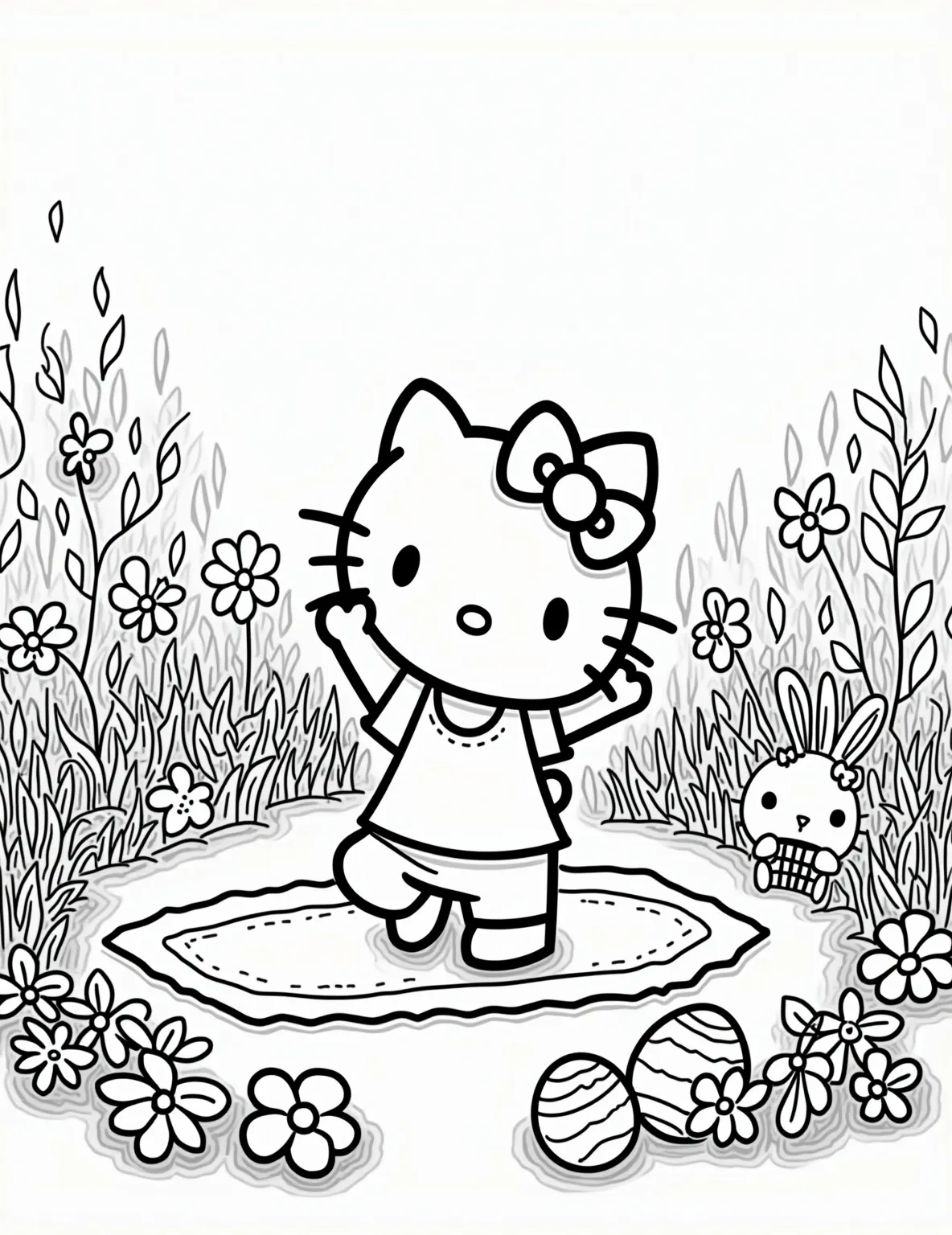 Hello Kitty's Easter Egg Yoga -- prompt: "black lines only Hello Kitty leads Easter yoga in a blooming garden. Friends balance pastel eggs while stretching. Bunnies hop nearby. Flowers frame the scene. Bold outlines define characters and objects. Blank spaces await colorful creativity. Simple shapes and patterns invite artistic expression. flat black lines, premium coloring page, coloring sheet, line drawing, Coloring Book, NO COLOR, NO SHADING, WHITE BACKGROUND. NO GRAY, BLACK AND WHITE, NO COLOR" -- Experience a unique blend of Easter fun and wellness with this quirky coloring page. Hello Kitty is leading an Easter-themed yoga class, with friends attempting yoga poses while balancing Easter eggs. The scene is set in a peaceful garden with blooming spring flowers.