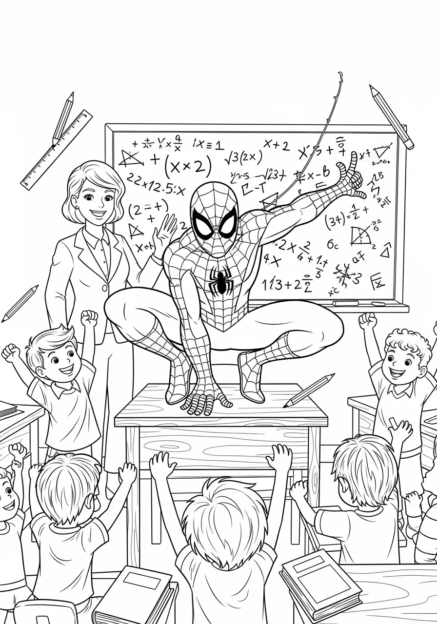 Spiderman School Visit Coloring Page -- prompt: "black lines only Spiderman crouched playfully on classroom desk surrounded by cheering children with raised hands, teacher smiling nearby chalkboard, school supplies scattered around, simple bold outlines perfect for coloring, joyful educational scene with clear black line art flat black lines, premium coloring page, coloring sheet, line drawing, Coloring Book, NO COLOR, NO SHADING, WHITE BACKGROUND. NO GRAY, BLACK AND WHITE, NO COLOR" -- This heartwarming educational scene depicts Spiderman making a special visit to a school classroom, inspiring young students with his presence. The design includes multiple happy children and classroom elements, creating opportunities for storytelling and discussion about heroes in our communities. It's an excellent choice for teachers and parents who want to combine coloring fun with positive messages about education and heroism.