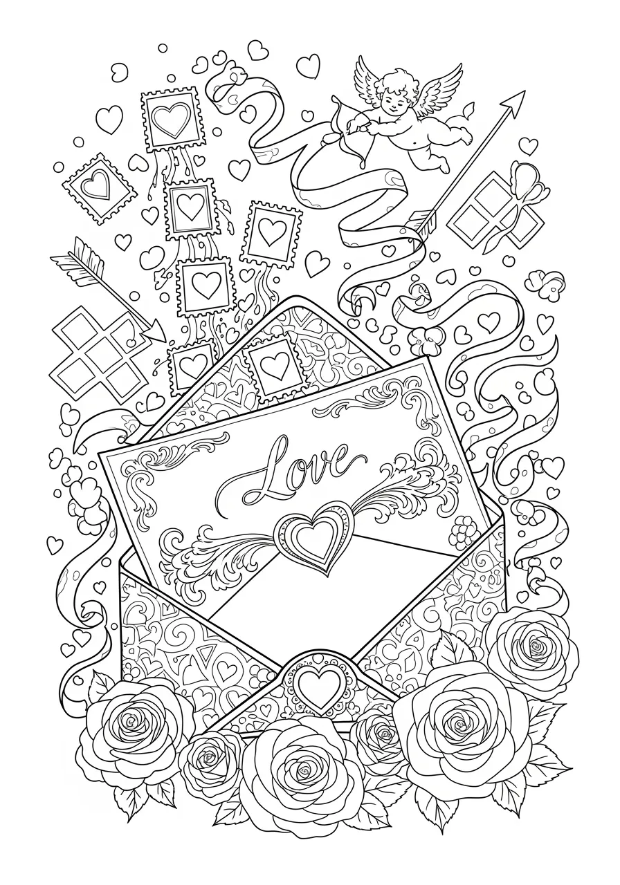 Love Letter and Envelope Coloring Page -- prompt: "black lines only Fun coloring book page featuring ornate love letter unfolding from decorative envelope, bold black outlines, heart-shaped stamps scattered around, flowing ribbon swirls, cupid arrows, romantic roses blooming nearby, simple geometric patterns filling background spaces flat black lines, premium coloring page, coloring sheet, line drawing, Coloring Book, NO COLOR, NO SHADING, WHITE BACKGROUND. NO GRAY, BLACK AND WHITE, NO COLOR" -- An ornate love letter emerges from a decorative envelope adorned with heart stamps and swirling patterns. Vintage-style flourishes and calligraphic elements give this design an elegant, romantic feel. Perfect for those who appreciate classic romantic imagery and enjoy detailed decorative elements.