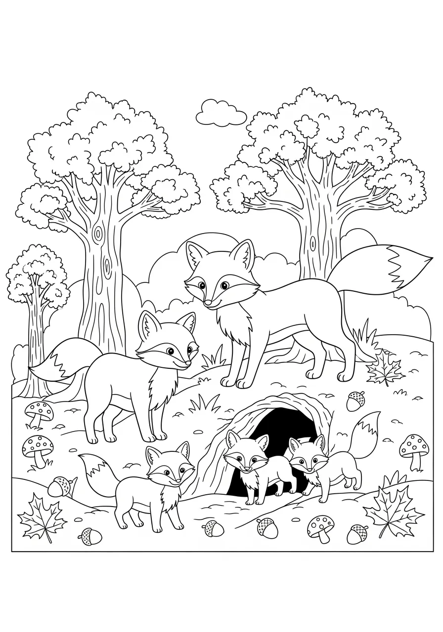 Cheerful Woodland Fox Family Coloring Page -- prompt: "black lines only Fun coloring book style illustration featuring adorable fox family with two parent foxes and three cubs playing near burrow entrance, surrounded by oak trees, scattered acorns, mushrooms, and maple leaves, bold outlines, simple shapes, child-friendly design flat black lines, premium coloring page, coloring sheet, line drawing, Coloring Book, NO COLOR, NO SHADING, WHITE BACKGROUND. NO GRAY, BLACK AND WHITE, NO COLOR" -- This delightful coloring page features a fox family with adorable fox cubs playing near their woodland den. The parent foxes watch lovingly as their little ones explore among fallen leaves and mushrooms. It's a wonderful way for kids to learn about forest families and how animals care for their young.