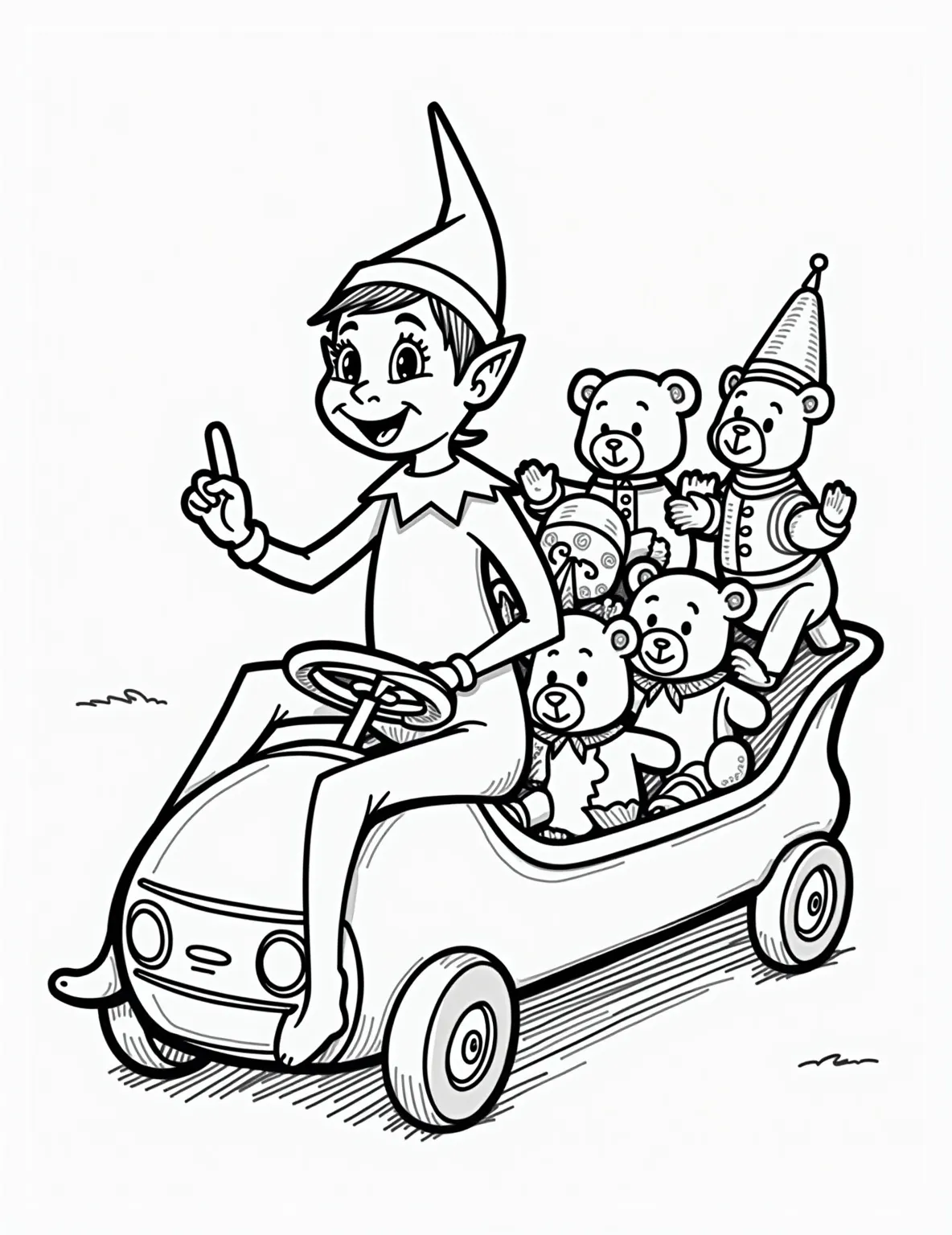 Elf's Magical Toy Parade -- prompt: "black lines only Cheerful Elf on Shelf marches ahead, leading toy parade. Smiling teddy bears, saluting toy soldiers, and spinning wind-up cars follow. Bold outlines define characters. Large, simple shapes with minimal details. Empty spaces await vibrant colors. Joyful holiday scene perfect for coloring. flat black lines, premium coloring page, coloring sheet, line drawing, Coloring Book, NO COLOR, NO SHADING, WHITE BACKGROUND. NO GRAY, BLACK AND WHITE, NO COLOR" -- Step right up for the most magical parade of the year! This enchanting coloring page features our Elf on the Shelf leading a procession of animated toys. Teddy bears, toy soldiers, and wind-up cars follow the elf, creating a lively and imaginative scene that captures the magic of Christmas toys.