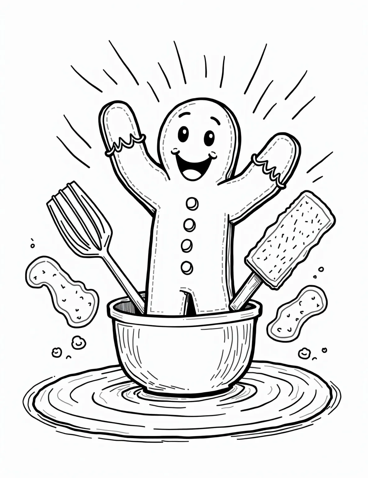 Gingerbread Man's Cookie Cutter Escape Coloring Page -- prompt: "black lines only Lively gingerbread man leaps from cookie cutter outline, arms raised triumphantly. Nearby, a swirling mixing bowl, textured rolling pin, and puffs of flour create a playful kitchen scene. Bold, thick lines define each element, perfect for coloring book enthusiasts. Cheerful baking adventure awaits! flat black lines, premium coloring page, coloring sheet, line drawing, Coloring Book, NO COLOR, NO SHADING, WHITE BACKGROUND. NO GRAY, BLACK AND WHITE, NO COLOR" -- This playful page depicts a gingerbread man mid-escape from a cookie cutter. The scene includes a mixing bowl, rolling pin, and scattered flour. It's a fun, story-based coloring page that sparks imagination and can lead to creative storytelling.