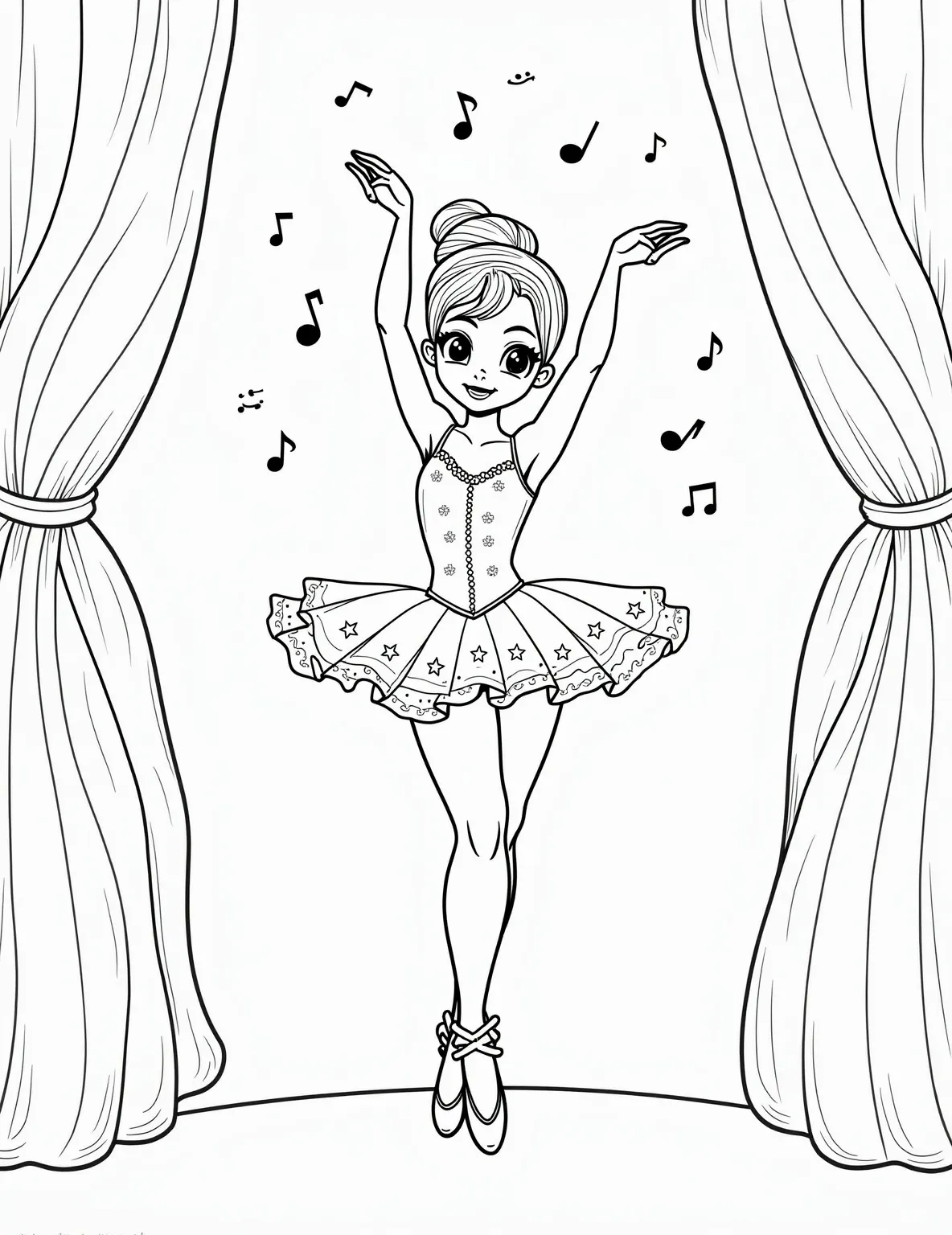 Behind the Curtain Ballerina Coloring Page -- prompt: "black lines only Playful coloring page of a graceful ballerina peeking through ornate stage curtains. Her tutu sparkles with simple patterns, perfect for coloring. Excitement radiates from her expressive eyes. Behind her, a whimsical backdrop hints at the upcoming performance. Bold outlines define each element, flat black lines, premium coloring page, coloring sheet, line drawing, Coloring Book, NO COLOR, NO SHADING, WHITE BACKGROUND. NO GRAY, BLACK AND WHITE, NO COLOR" -- This intriguing coloring page offers a peek behind the scenes, showing a ballerina just before she goes on stage. She's peeking through the curtain, with a mix of excitement and nerves on her face. Her costume sparkles, and the heavy stage curtains provide interesting textures to color.