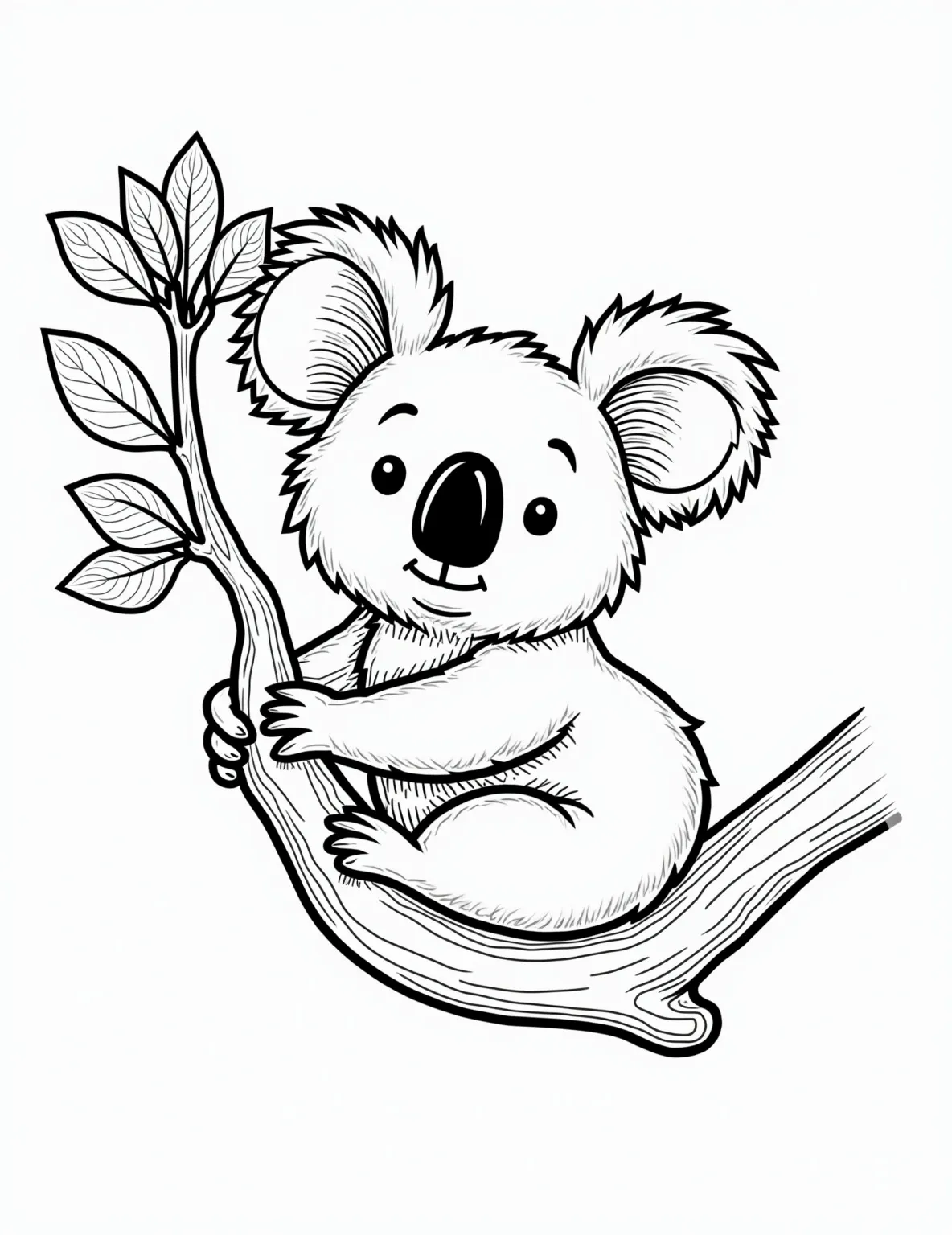 Cuddly Koala Hug Coloring Page -- prompt: "black lines only Adorable koala bear with oversized ears and button nose, clinging to curved eucalyptus branch. Surrounded by heart-shaped gum leaves, simplified outlines perfect for coloring. Peaceful expression with closed eyes and contented smile. Thick, bold lines define cuddly fur texture. flat black lines, premium coloring page, coloring sheet, line drawing, Coloring Book, NO COLOR, NO SHADING, WHITE BACKGROUND. NO GRAY, BLACK AND WHITE, NO COLOR" -- Embrace the cuteness with this adorable koala coloring page. The fluffy marsupial hugging a eucalyptus branch showcases the gentle nature of these Australian icons. Perfect for animal lovers of all ages who enjoy coloring cute and calming scenes.