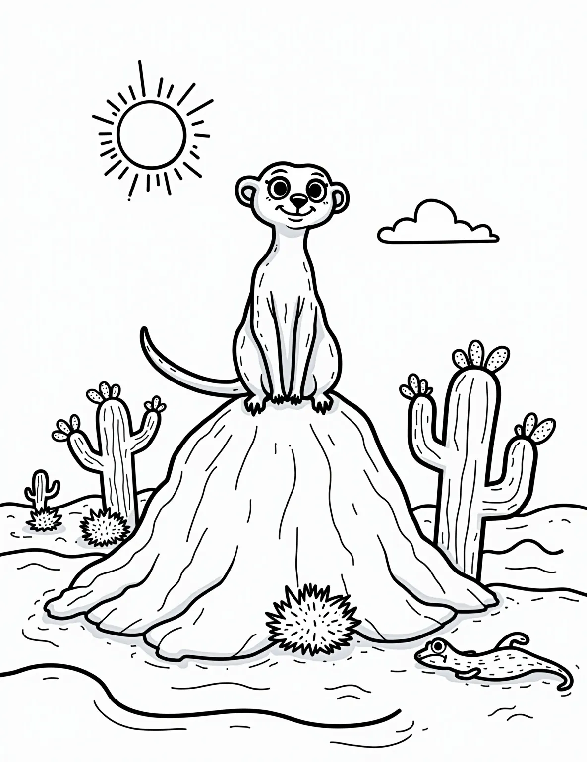 Curious Meerkat's Desert Lookout -- prompt: "black lines only Playful meerkat sentinel perched atop sandy mound, bold outlines perfect for coloring. Quirky cacti with exaggerated spines dot the landscape. Wavy dunes create fun patterns. Desert scene bursts with potential for vibrant hues. Cheerful, simple shapes invite creative coloring adventures. flat black lines, premium coloring page, coloring sheet, line drawing, Coloring Book, NO COLOR, NO SHADING, WHITE BACKGROUND. NO GRAY, BLACK AND WHITE, NO COLOR" -- Explore the desert with this adorable meerkat coloring page. The meerkat is standing on its hind legs, keeping watch over its surroundings. This page offers a great mix of the meerkat's detailed fur and the simple lines of the desert landscape.