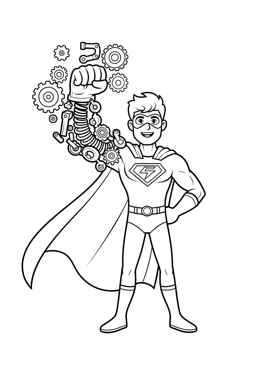 Shape-Shifting Hero Transforming Their Arm Coloring Page -- prompt: "black lines only Cheerful superhero standing confidently with one arm morphing into mechanical gears and springs, bold black outlines, simple shapes, large empty spaces for coloring, cartoon style with thick lines and friendly expression flat black lines, premium coloring page, coloring sheet, line drawing, Coloring Book, NO COLOR, NO SHADING, WHITE BACKGROUND. NO GRAY, BLACK AND WHITE, NO COLOR" -- This fascinating page shows a superhero in the middle of shape-shifting, with one arm transforming into a different form while the rest remains human. The transformation effect creates flowing, organic lines that blend seamlessly between shapes. This unique concept challenges artists to think about how to color gradual changes and transformations.