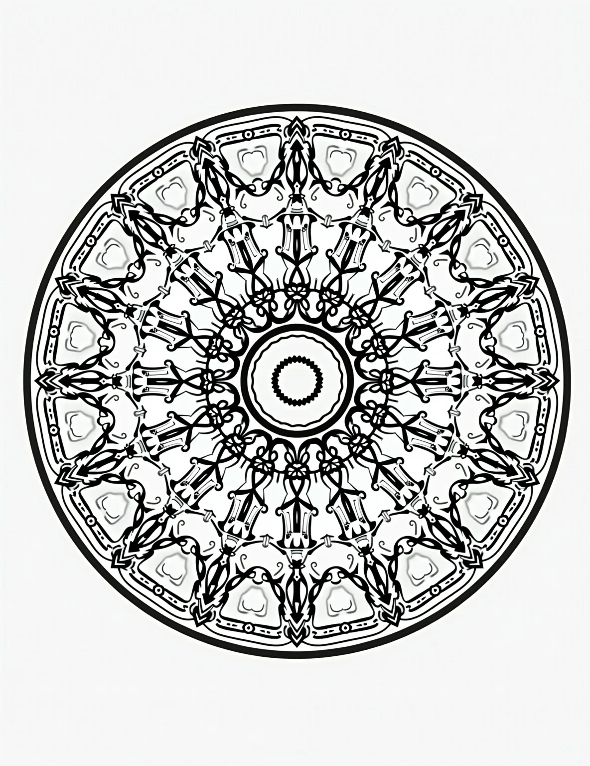 Snowflake Mandalas Around the World -- prompt: "black lines only Playful circular mandalas burst with snowflake patterns intertwined with global cultural motifs. Bold outlines define intricate shapes, inviting colorists to explore. Each mandala tells a unique story through its design, from Aztec suns to Celtic knots, waiting to be brought to life with vibrant hues. flat black lines, premium coloring page, coloring sheet, line drawing, Coloring Book, NO COLOR, NO SHADING, WHITE BACKGROUND. NO GRAY, BLACK AND WHITE, NO COLOR" -- Take a global tour with these culturally inspired snowflake mandalas. Each mandala incorporates traditional design elements from different cultures into snowflake patterns. It's a beautiful exploration of diversity and unity.