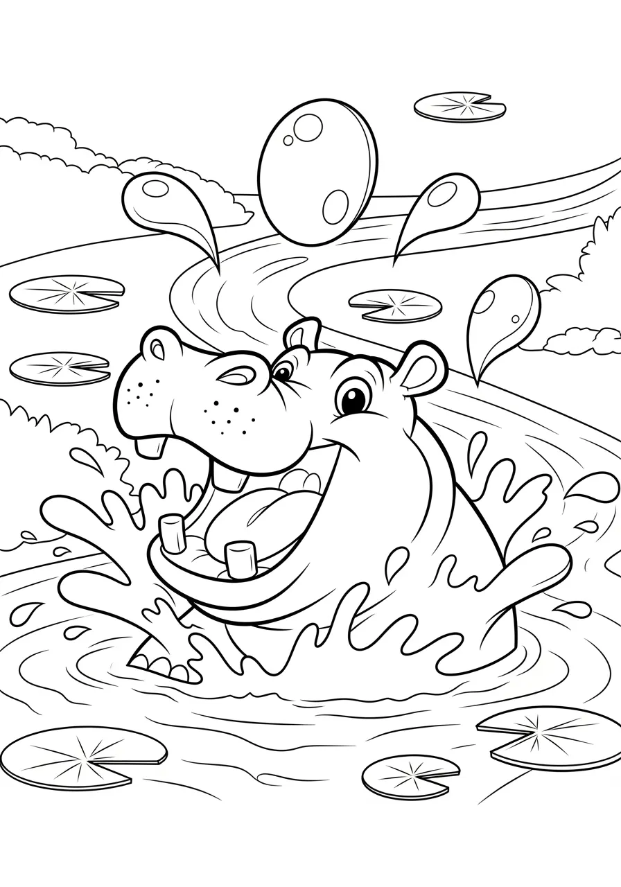 Happy Hippo Pool Party Coloring Page -- prompt: "black lines only Joyful cartoon hippo with wide grin splashing energetically in flowing river, thick black outlines, simple shapes, large water droplets frozen mid-air around smiling face, lily pads nearby, coloring book style flat black lines, premium coloring page, coloring sheet, line drawing, Coloring Book, NO COLOR, NO SHADING, WHITE BACKGROUND. NO GRAY, BLACK AND WHITE, NO COLOR" -- Splash into fun with this cheerful hippo enjoying a refreshing dip in a river. The hippo's wide smile and playful water splashes make this page both entertaining and educational. Kids will love coloring this gentle giant while learning about African wildlife and river ecosystems.