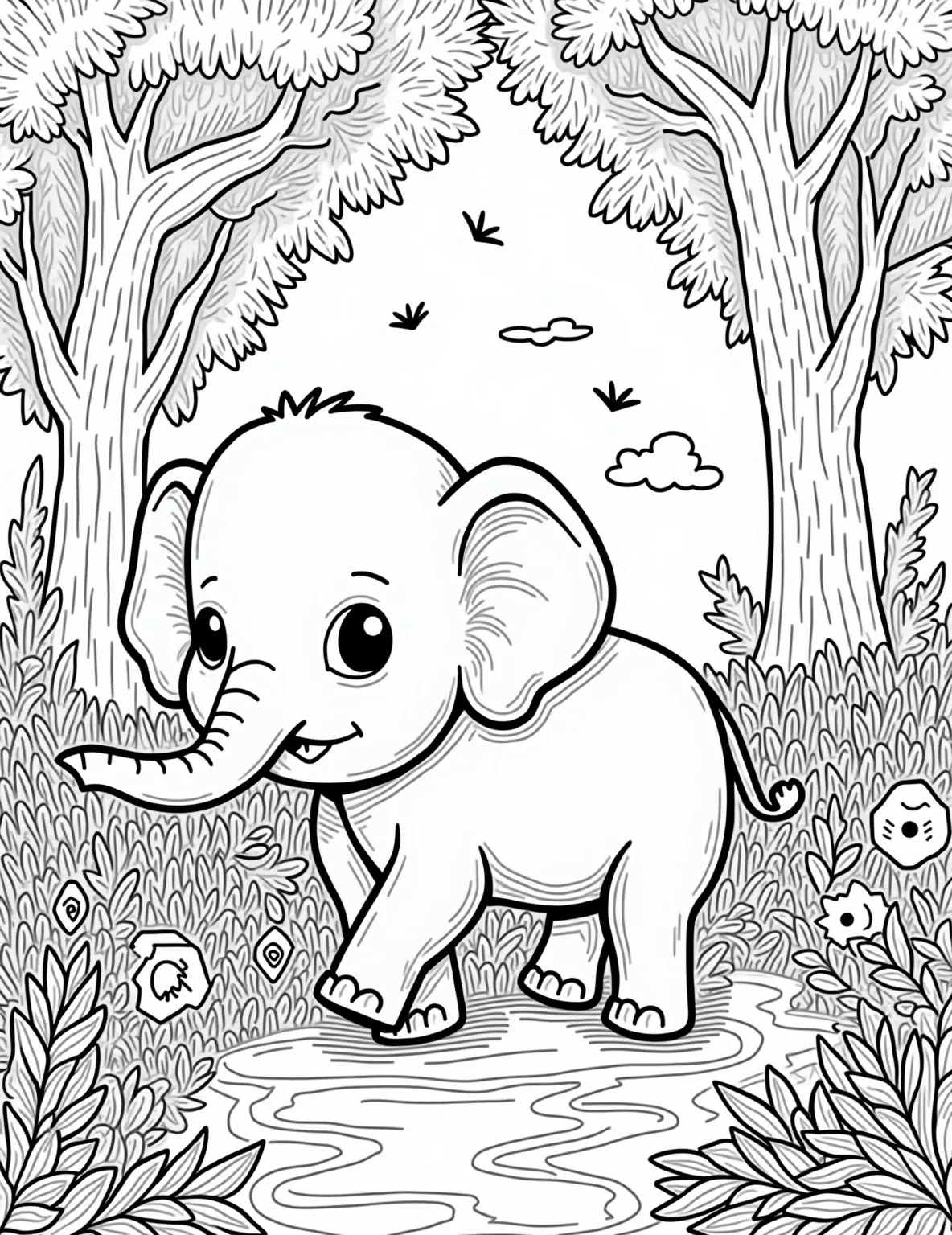 Gentle Giant's Forest Stroll Coloring Page -- prompt: "black lines only A majestic elephant strolls through a lush forest, outlined in bold black lines. Towering trees with swirling patterns, oversized ferns, and exaggerated wildflowers surround it. Playful geometric shapes fill the background, creating a delightful coloring book page for all ages. Charming woodland creatures peek flat black lines, premium coloring page, coloring sheet, line drawing, Coloring Book, NO COLOR, NO SHADING, WHITE BACKGROUND. NO GRAY, BLACK AND WHITE, NO COLOR" -- Embark on a peaceful journey through a lush forest with this charming elephant coloring page. The scene depicts a majestic elephant taking a leisurely walk among towering trees and colorful wildflowers. This detailed design is perfect for nature lovers and those who appreciate the serene beauty of elephants in their natural habitat.