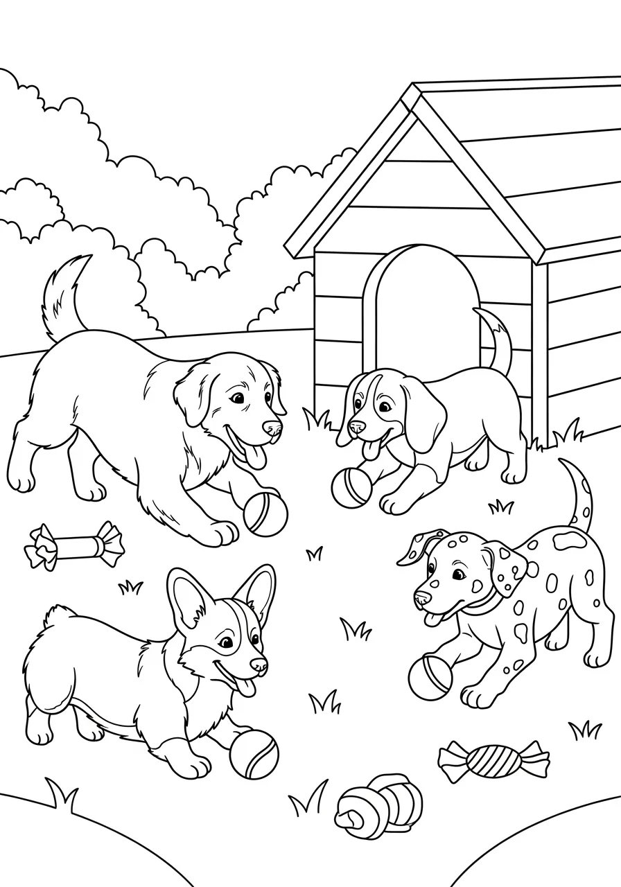 Playful Puppy Dog Park Fun Coloring Page -- prompt: "black lines only Fun coloring book style illustration featuring four adorable puppies of different breeds joyfully playing with bouncing balls and scattered toys in a sunny park, with a charming doghouse positioned behind them, thick black outlines, simple shapes perfect for coloring flat black lines, premium coloring page, coloring sheet, line drawing, Coloring Book, NO COLOR, NO SHADING, WHITE BACKGROUND. NO GRAY, BLACK AND WHITE, NO COLOR" -- This energetic coloring page shows adorable puppies of different breeds playing together in a sunny dog park. The puppies are chasing balls, playing tug-of-war, and rolling in the grass with pure joy on their faces. Kids will giggle while coloring these cute companions and discussing the importance of exercise and friendship.