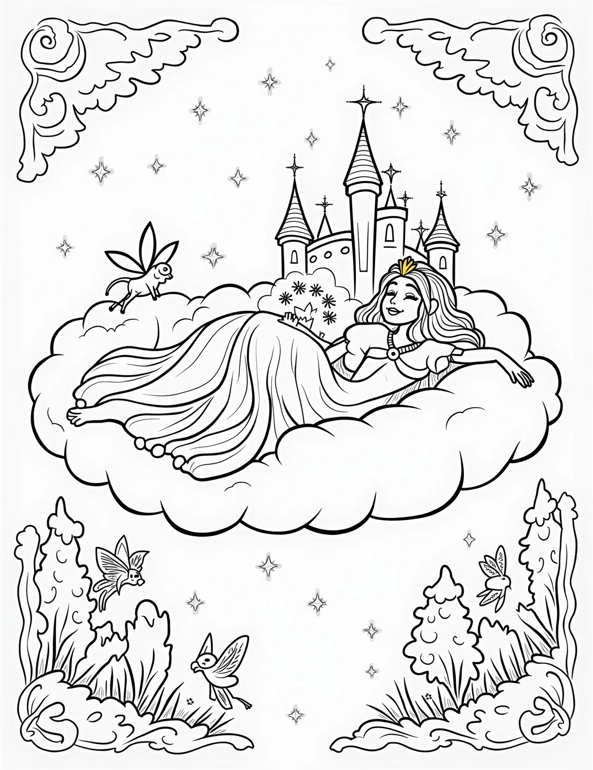 Sleeping Beauty's Fairytale Dream -- prompt: "black lines only Sleeping Beauty Aurora, eyes closed, serene smile, reclining on fluffy cloud. Swirling outlines of castles, fairies, spinning wheels surround her. Enchanted forest creatures peek from corners. Magical sparkles dance across scene. Bold lines define shapes, inviting coloration. Whimsical borders frame dreamy tableau. flat black lines, premium coloring page, coloring sheet, line drawing, Coloring Book, NO COLOR, NO SHADING, WHITE BACKGROUND. NO GRAY, BLACK AND WHITE, NO COLOR" -- Enter the world of dreams with this enchanting coloring page of Sleeping Beauty. Aurora is pictured in a peaceful slumber, surrounded by swirling magic and scenes from her fairytale. The three good fairies watch over her, adding their own touch of magic to this dreamy scene.